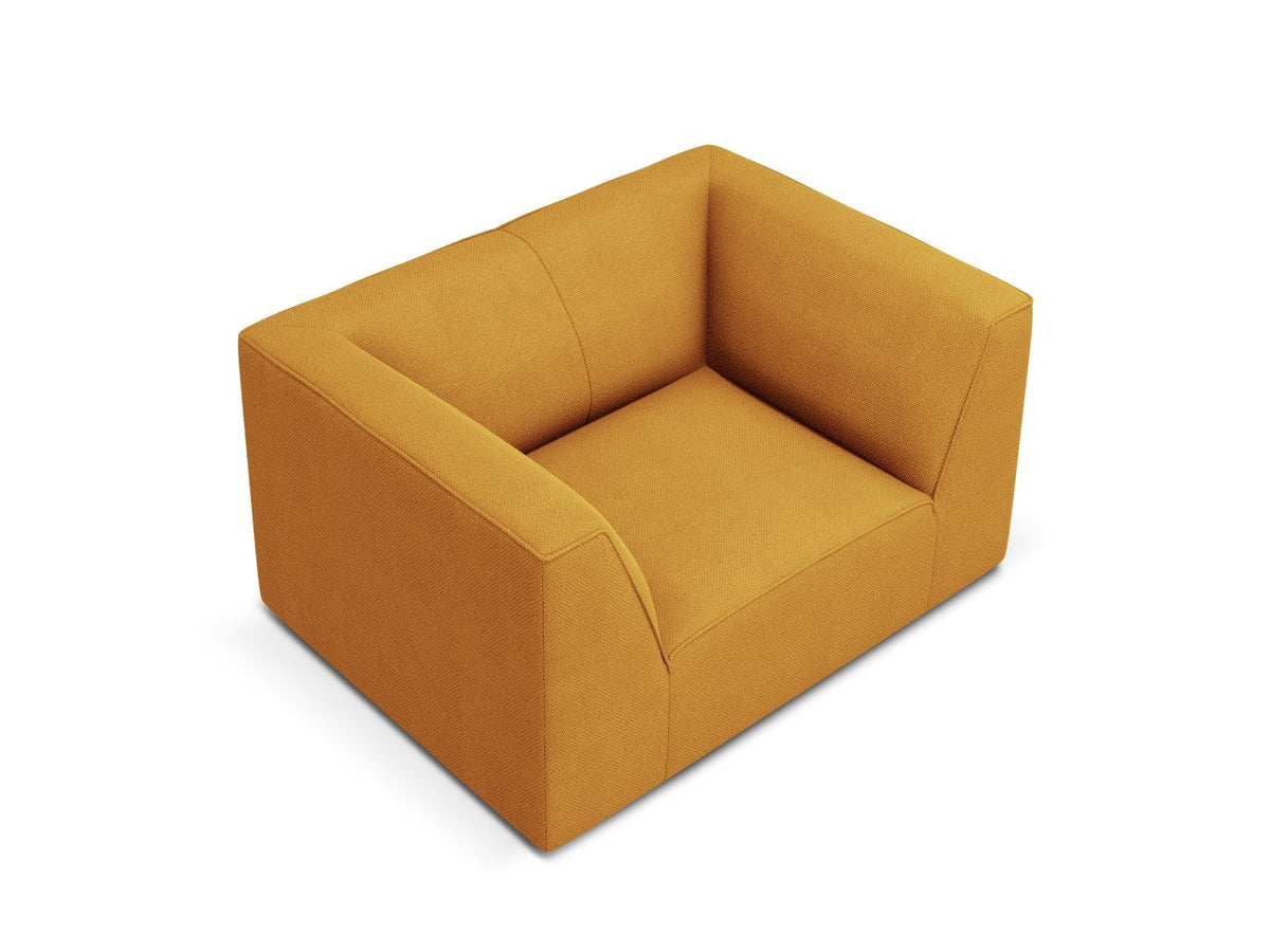 Sessel Siena 1-Sitzer von Cosmopolitan Design mit gelbem Ottawa-Stoffbezug, Massivholzrahmen und schwarzen Kunststoffbeinen aus Polypropylen.