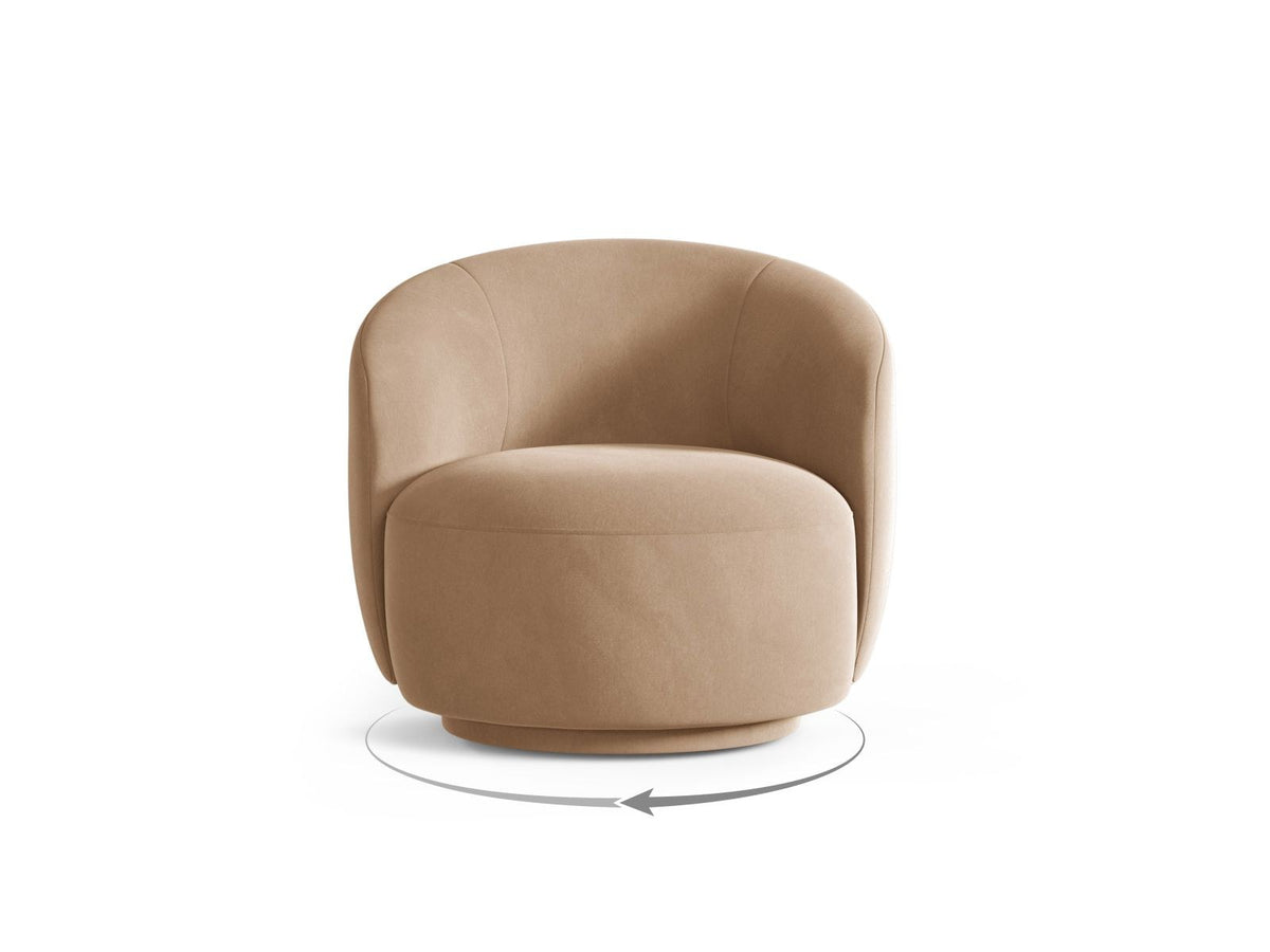 Drehsessel Savona mit samtigem Stoffbezug in Light Beige, gepolsterter Rückenlehne und stoffbezogenen Beinen auf Kiefernholzgestell.