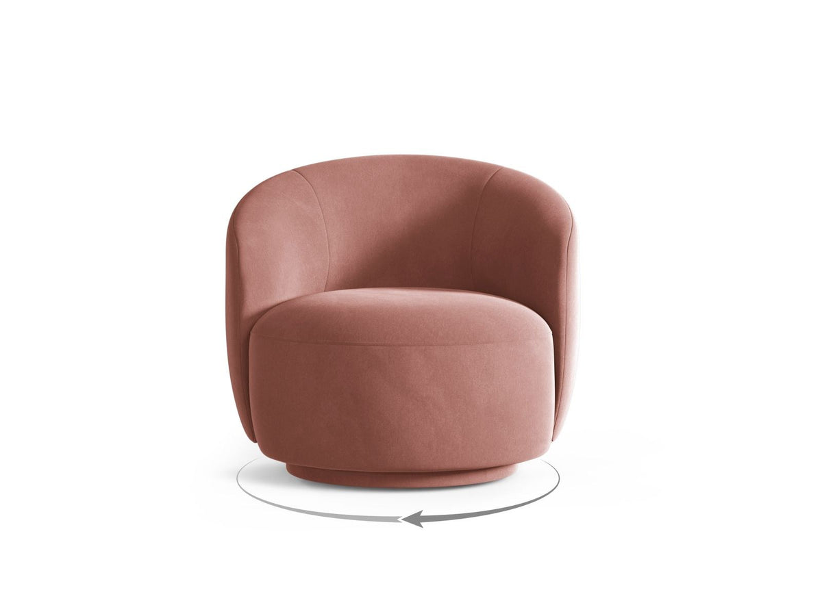 Drehsessel Savona mit samtigem Stoffbezug in Light Beige, gepolsterter Rückenlehne und stoffbezogenen Beinen auf Kiefernholzgestell.