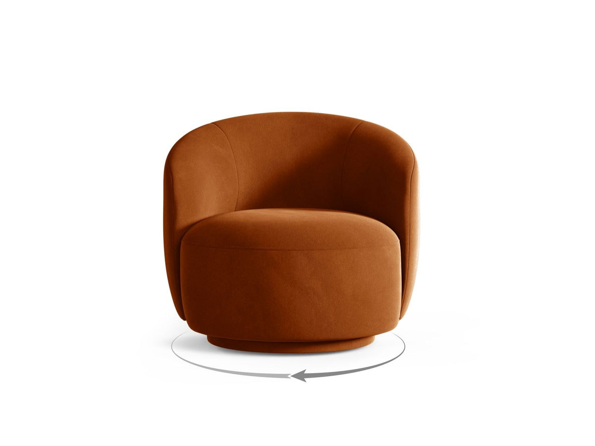 Drehsessel Savona mit samtigem Stoffbezug in Light Beige, gepolsterter Rückenlehne und stoffbezogenen Beinen auf Kiefernholzgestell.