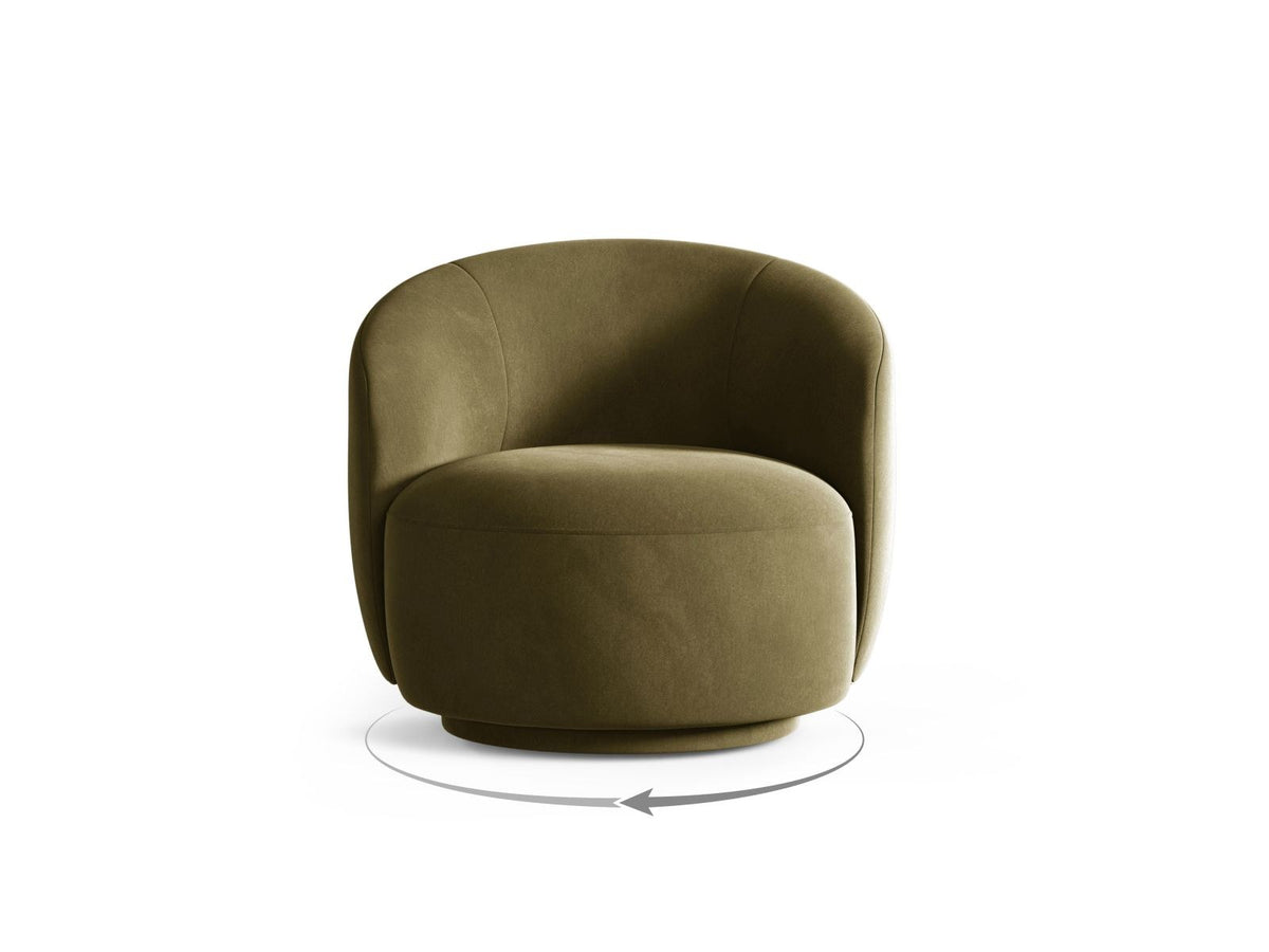 Drehsessel Savona mit samtigem Stoffbezug in Light Beige, gepolsterter Rückenlehne und stoffbezogenen Beinen auf Kiefernholzgestell.