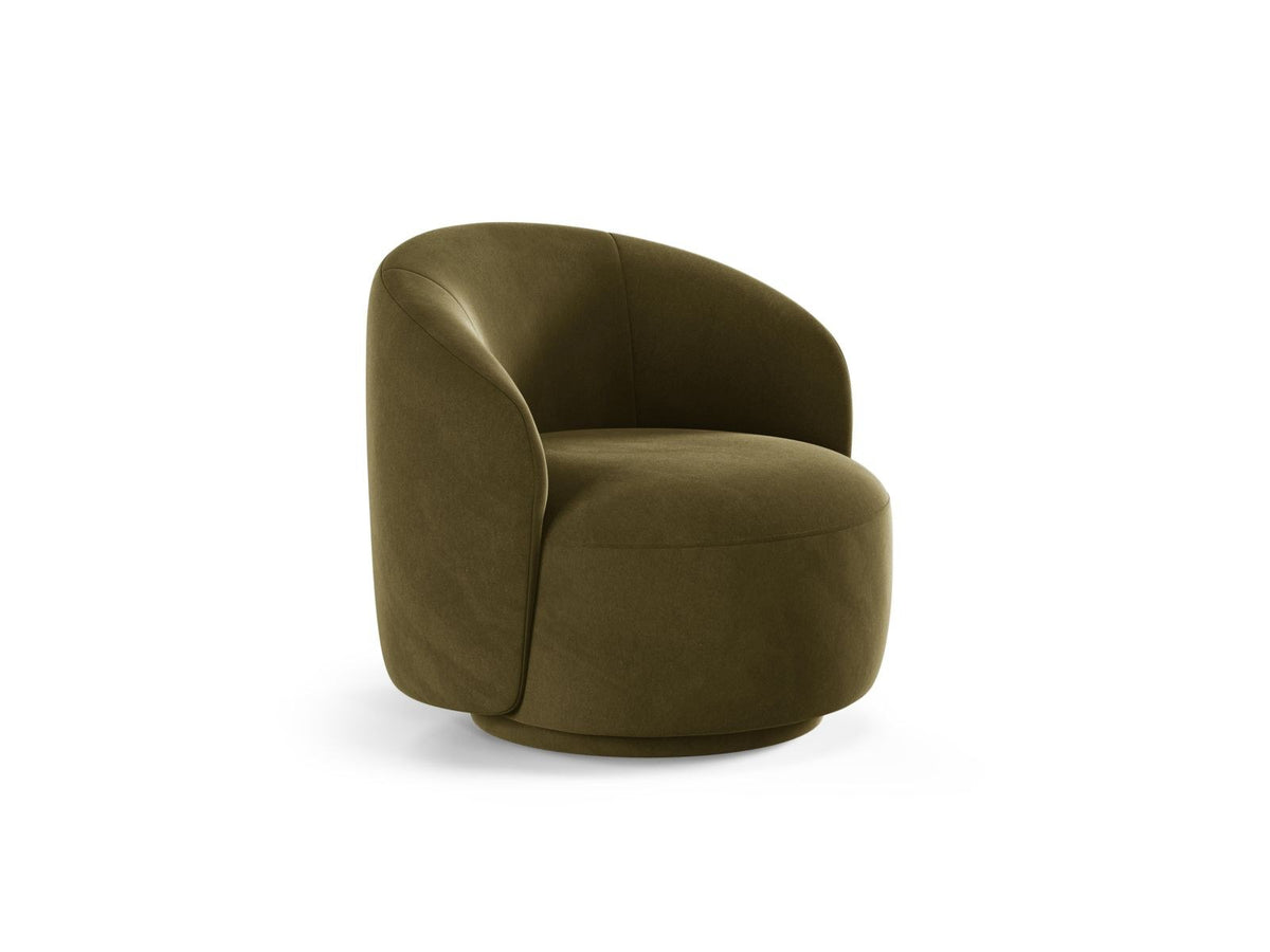 Drehsessel Savona mit samtigem Stoffbezug in Light Beige, gepolsterter Rückenlehne und stoffbezogenen Beinen auf Kiefernholzgestell.