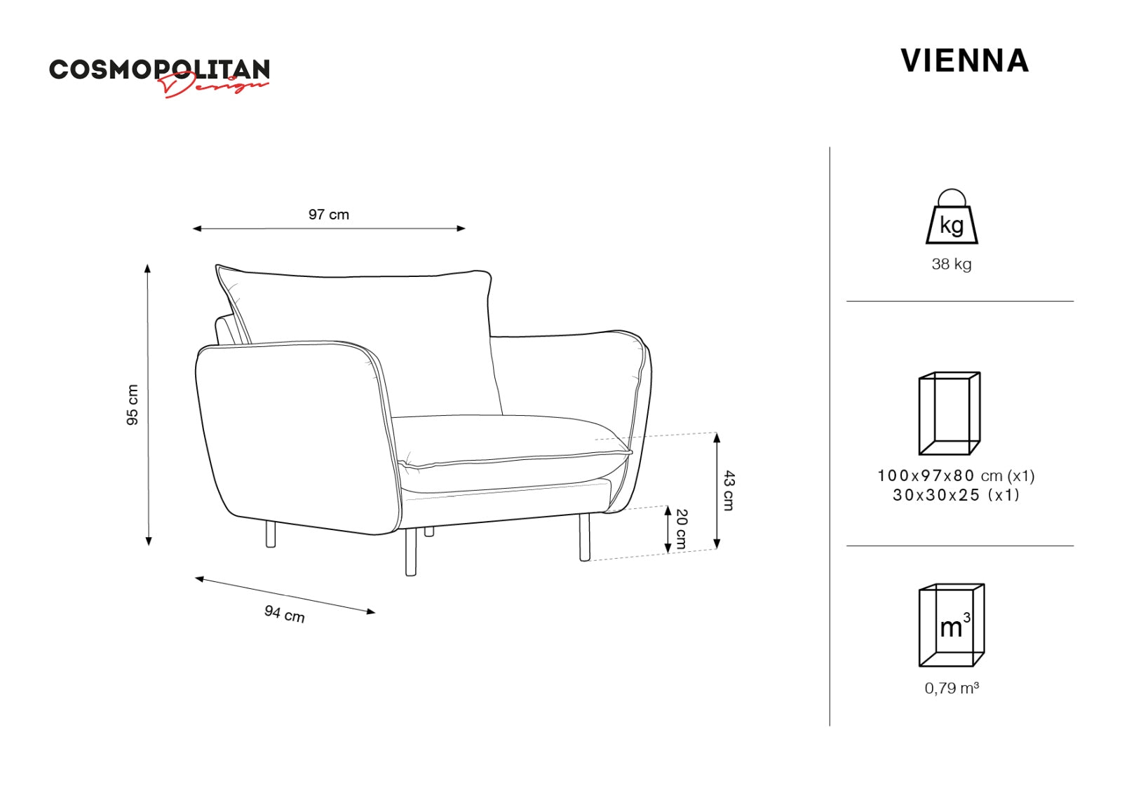 Vienna Velour Sessel 1 Sitz 94cm in Light Grey/Schwarz-Bluvel präsentiert im Onlineshop von KAQTU Design AG. Sessel ist von Cosmopolitan Design