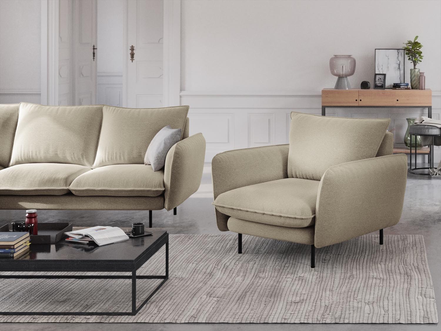 Eleganter Vienna Sessel mit einem Sitzplatz, 94 cm, in stilvollem Beige und Schwarz, ideal für moderne Wohnräume.