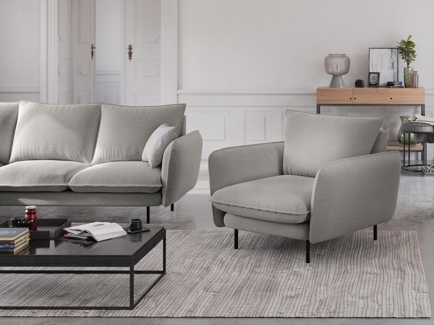 Eleganter Vienna Sessel mit einem modernen Design in Hellgrau und Schwarz, ideal für stilvolle Wohnräume.