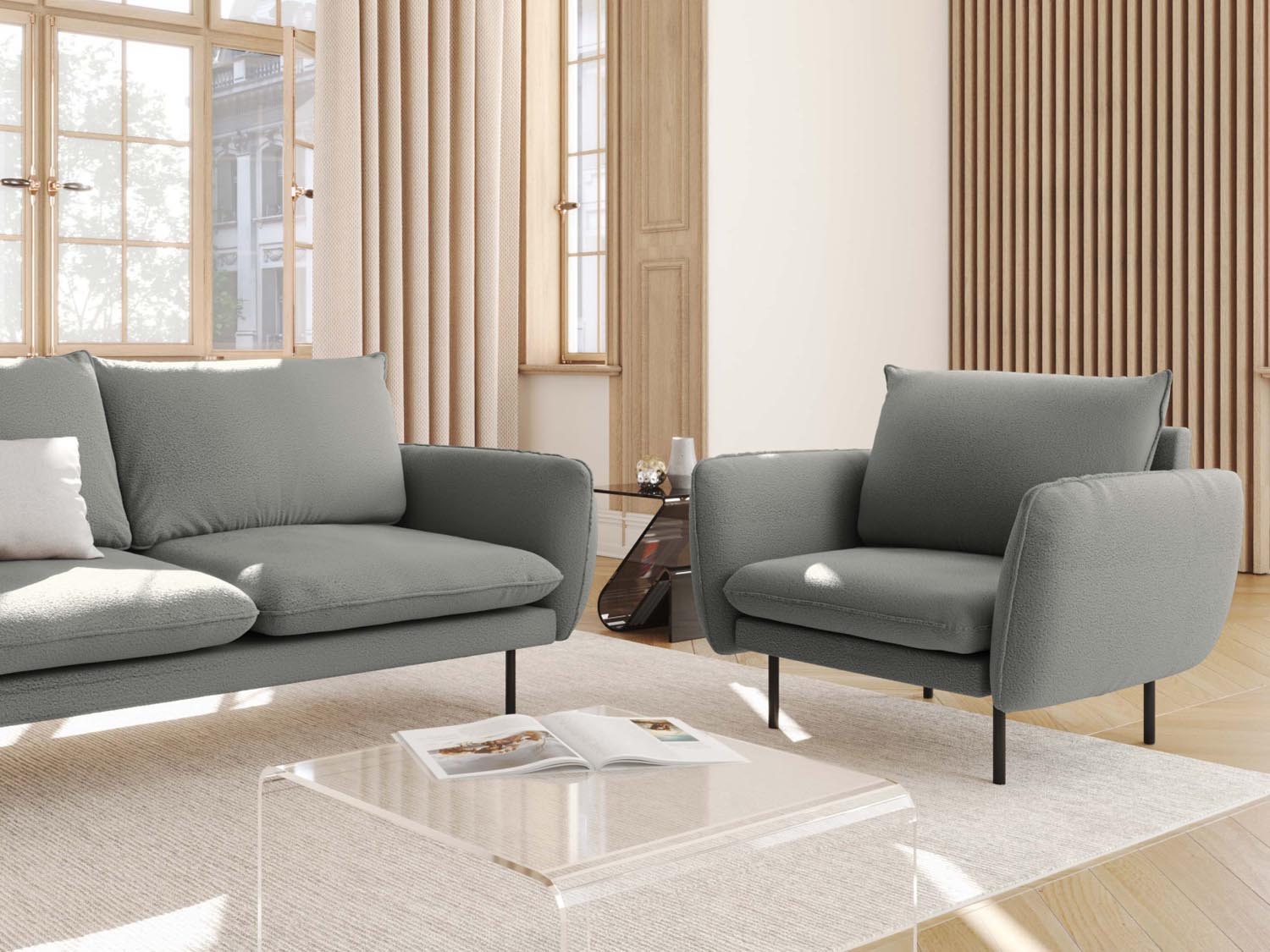 Eleganter Vienna Boucle Sessel mit einem Sitzplatz, 94 cm, in stilvollem Grau/Schwarz, ideal für moderne Wohnräume.