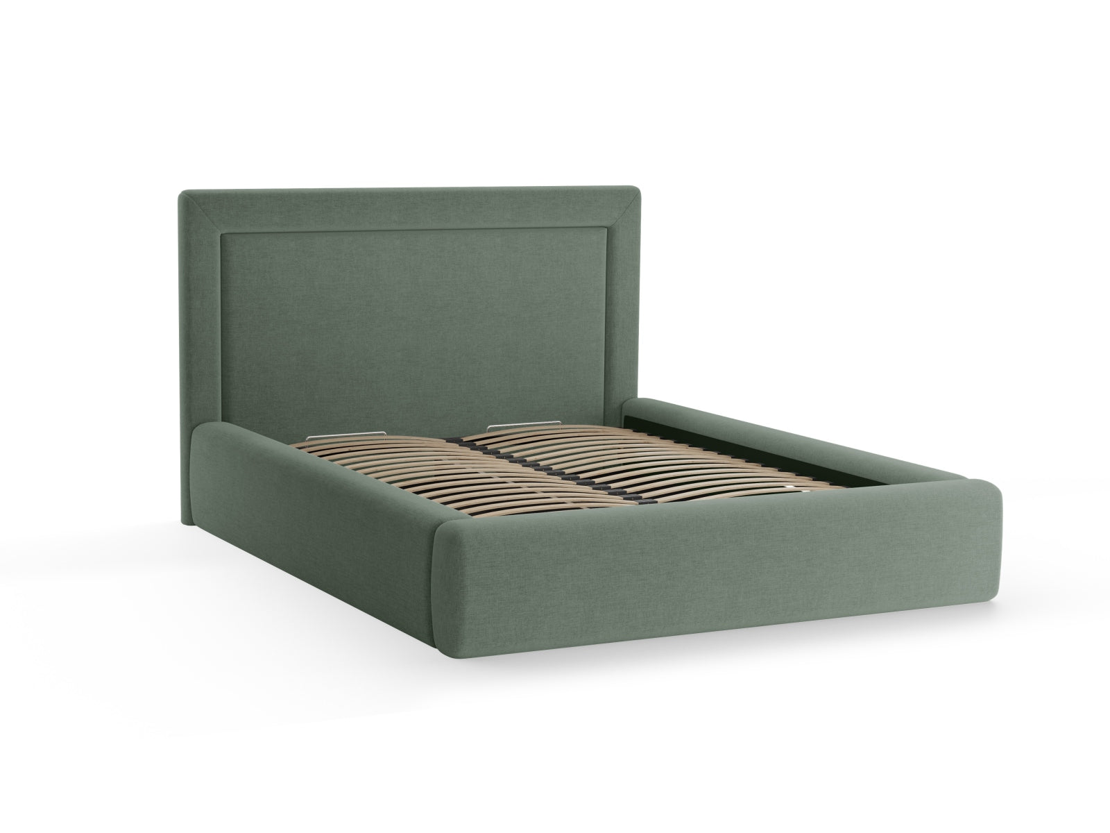 Elegantes Kremer Bett in dezentem Grau, bietet praktischen Stauraum und ein geschmackvolles Kopfteil für ein modernes Schlafzimmer.