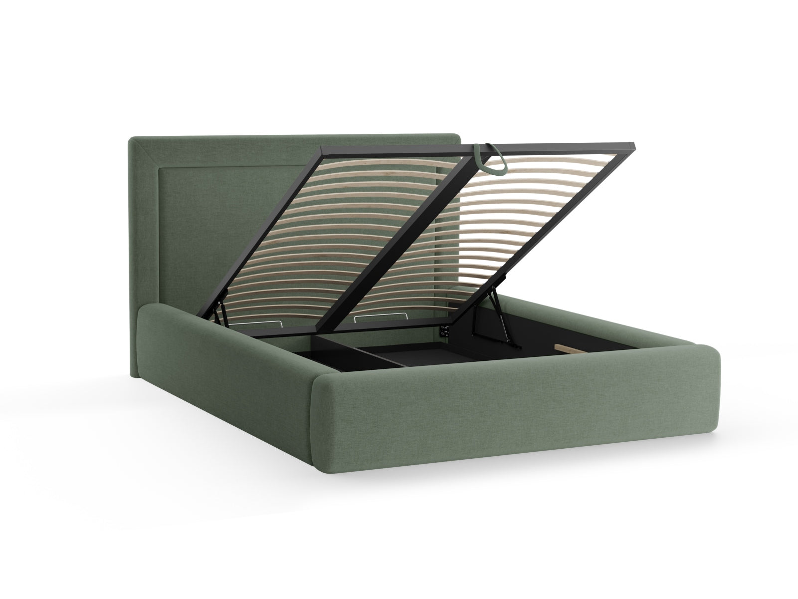 Stylisches Kremer Bett in ansprechendem Mossgrün, ausgestattet mit praktischem Stauraum und einem eleganten Kopfteil für zeitgemäße Wohnräume.