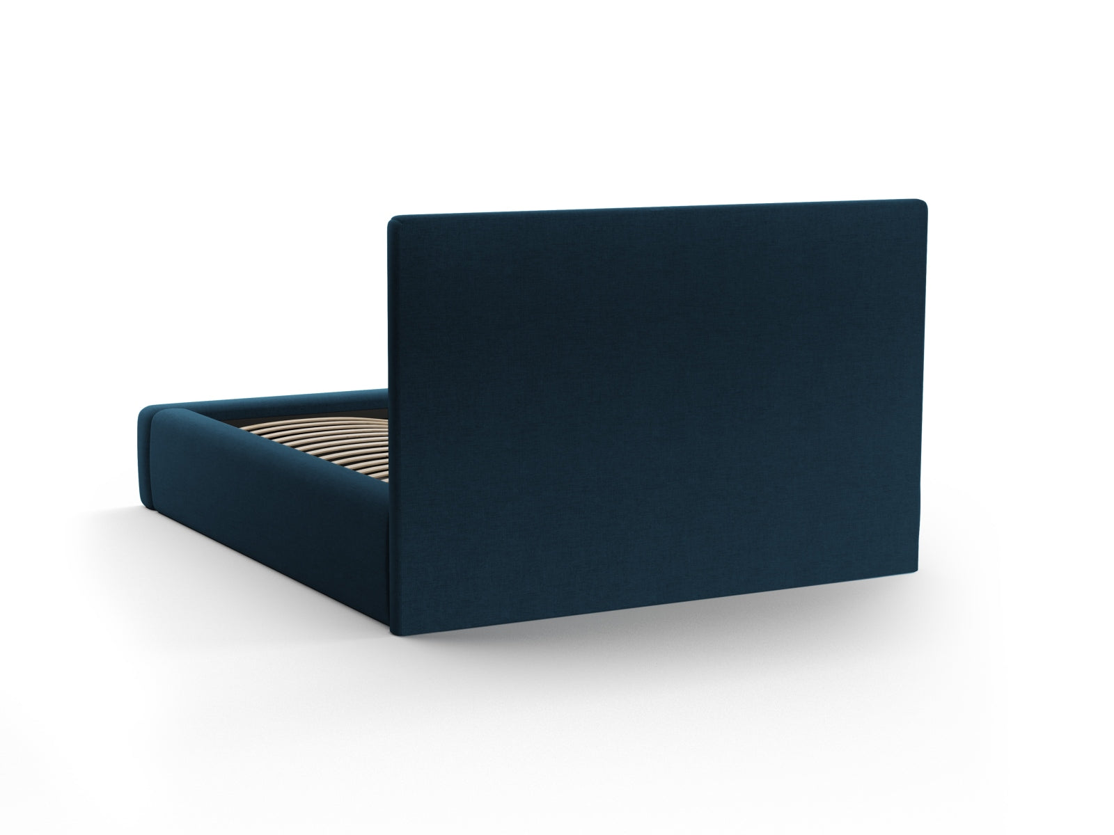 Elegantes Kremer Bett in dunklem Blau, ideal für stilvolle Schlafzimmer, bietet zusätzlichen Stauraum und ein ansprechendes Kopfteil.