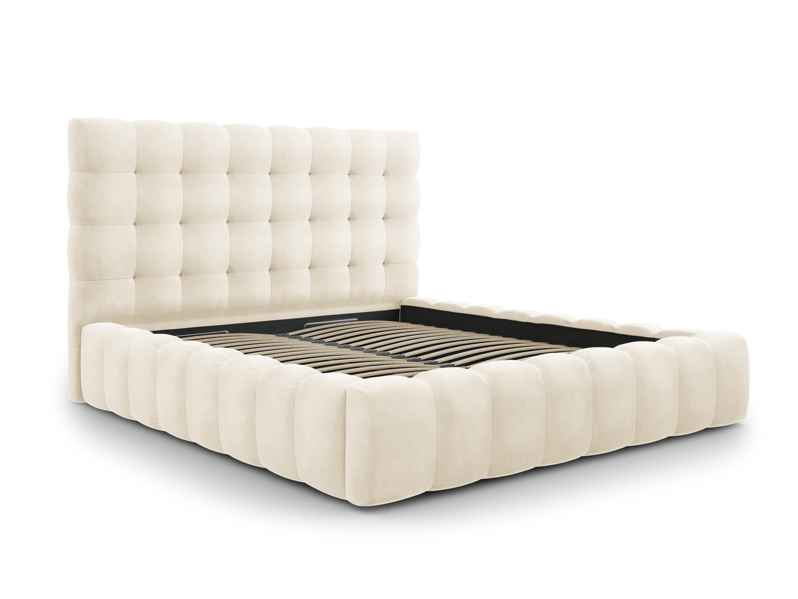 Elegantes Bali Bett mit praktischem Stauraum und stilvollem Kopfteil in Light Beige-Bluvel, ideal für moderne Schlafzimmer.