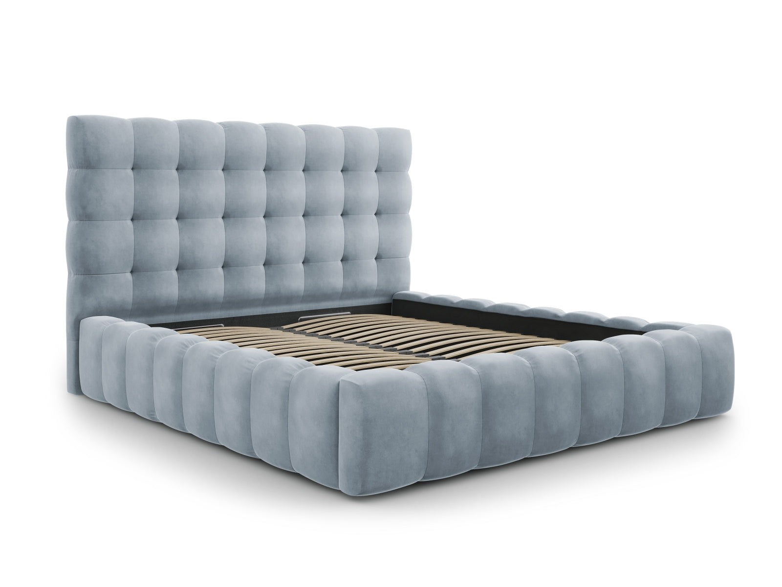 Elegantes Bali Bett mit praktischem Stauraum und stilvollem Kopfteil in sanftem Light Blue-Bluvel, ideal für moderne Schlafzimmer.