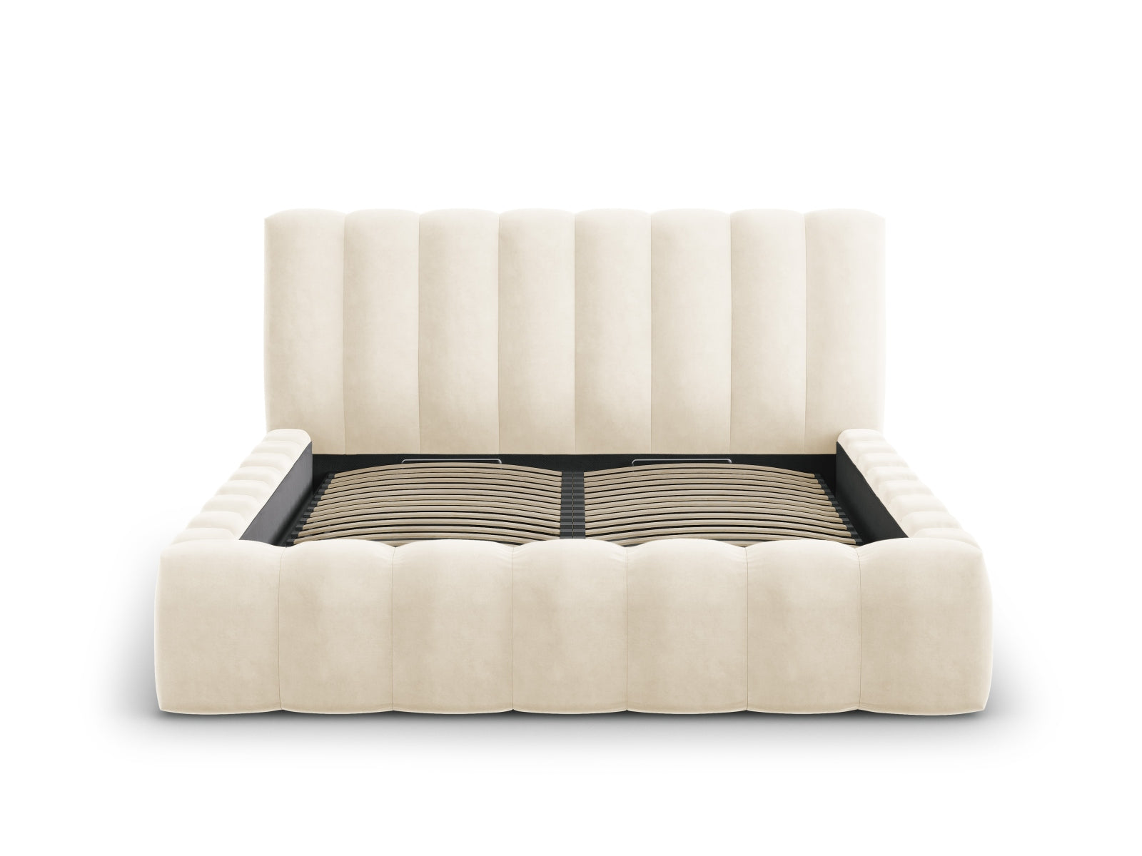 Elegantes Palma Bett mit praktischem Stauraum und stilvollem Kopfteil in Light Beige-Bluvel, ideal für moderne Schlafzimmer.
