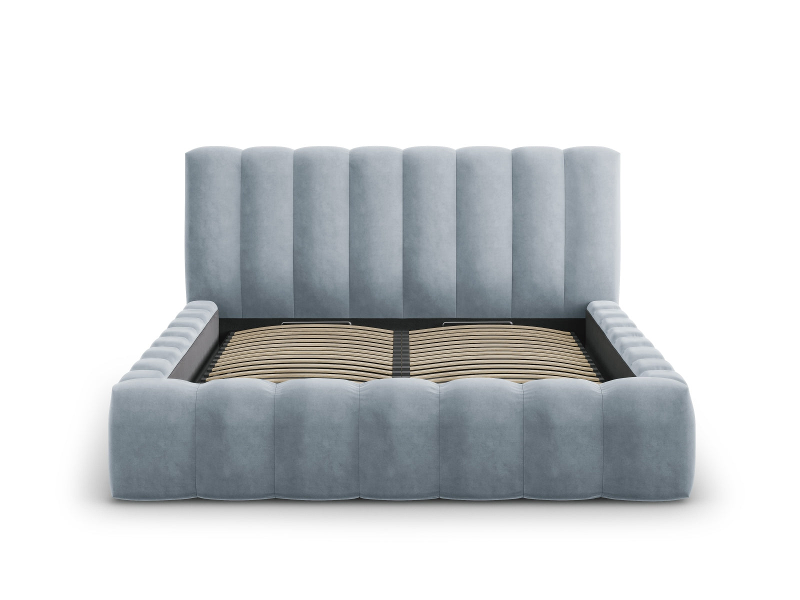 Elegantes Palma Bett mit praktischem Stauraum und stilvollem Kopfteil in sanftem Light Blue-Bluvel, ideal für moderne Schlafzimmer.