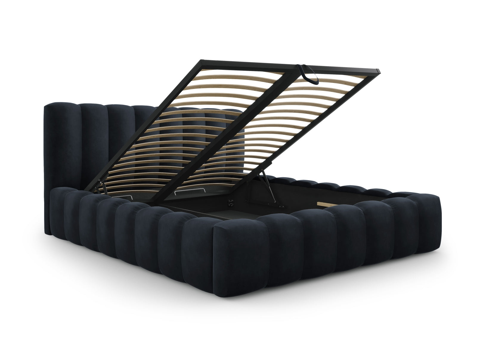 Stylisches Palma Bett mit 140 cm Breite, ausgestattet mit praktischem Stauraum und einem ansprechenden Kopfteil in Dunkelblau.
