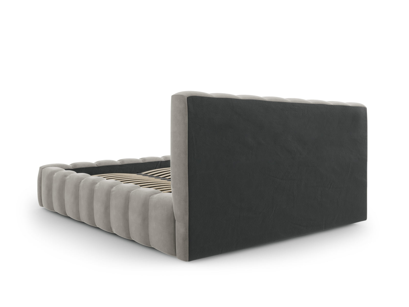 Elegantes Palma Bett mit 140 cm Breite, ausgestattet mit praktischem Stauraum und einem stilvollen Kopfteil in Light Grey-Bluvel.