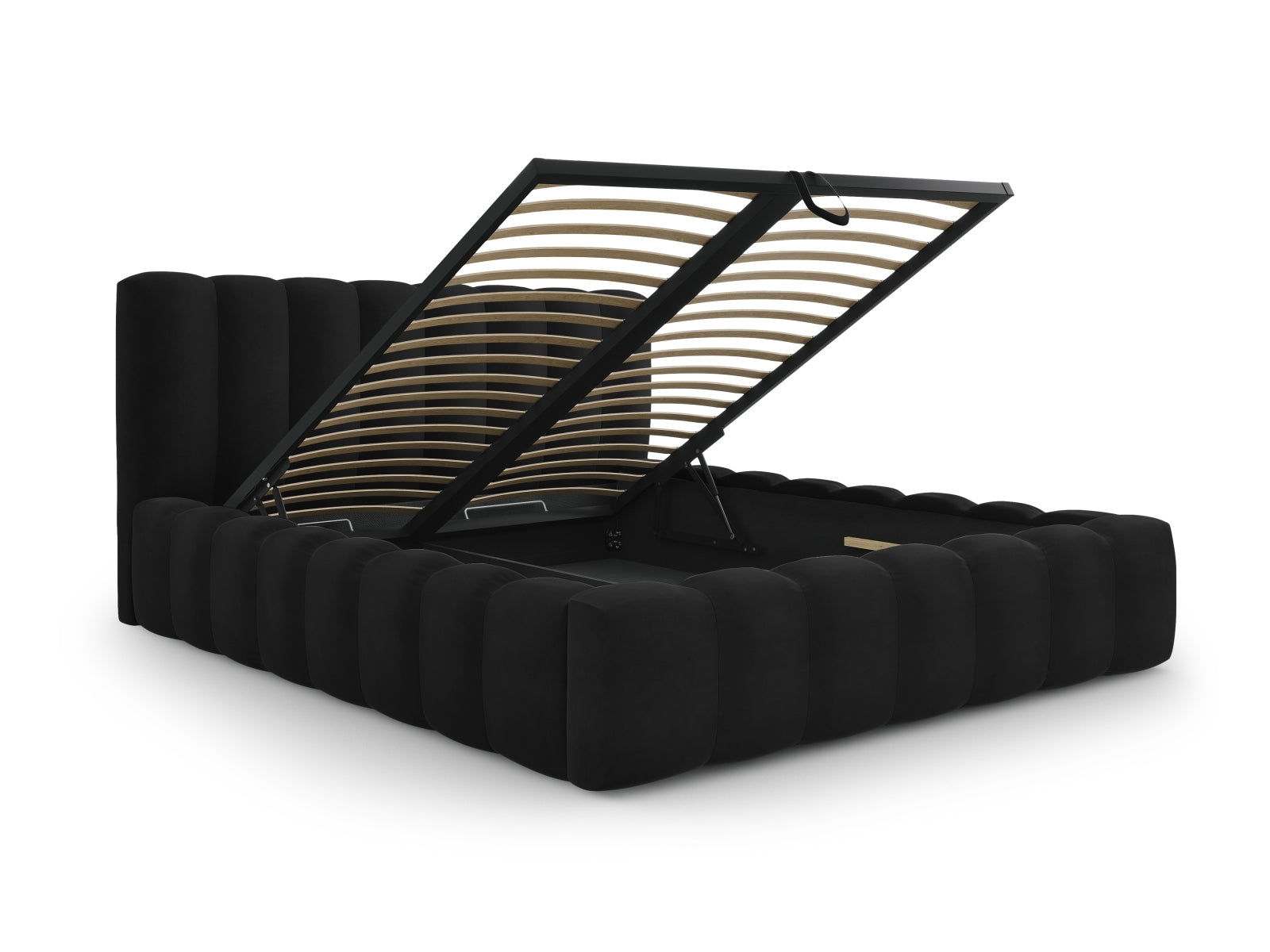 Stylisches Palma Bett mit 140 cm Breite, praktischen Stauraum und ansprechendem Kopfteil in Black-Bluvel, perfekt für zeitgemäße Wohnräume.