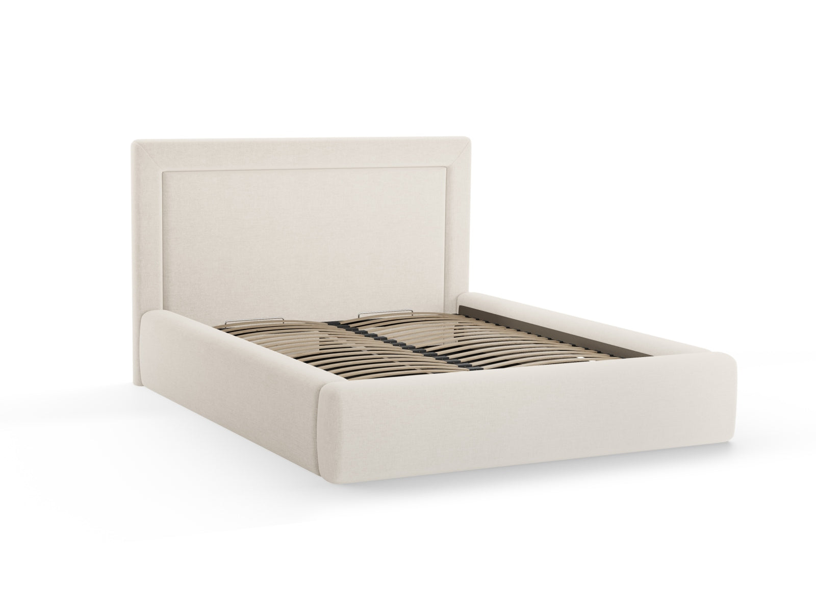 Elegantes Kemer Bett in Beige mit 160 cm Breite, bietet cleveren Stauraum und ein stilvolles Kopfteil für ein modernes Schlafzimmer.