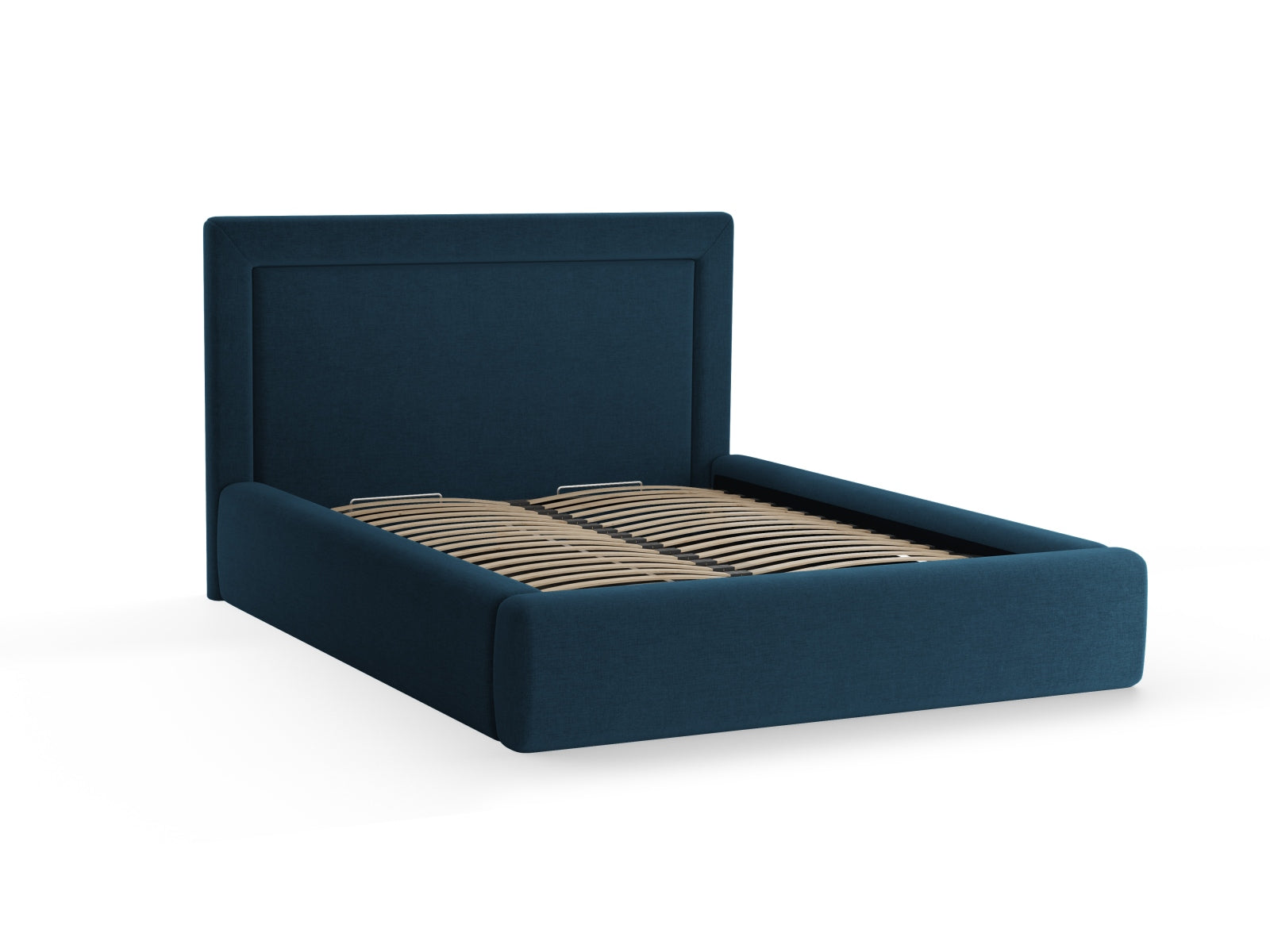 Elegantes Kemer Bett in edlem Navy Blue, bietet cleveren Stauraum und ein modernes Kopfteil für stilvolle Schlafzimmer.