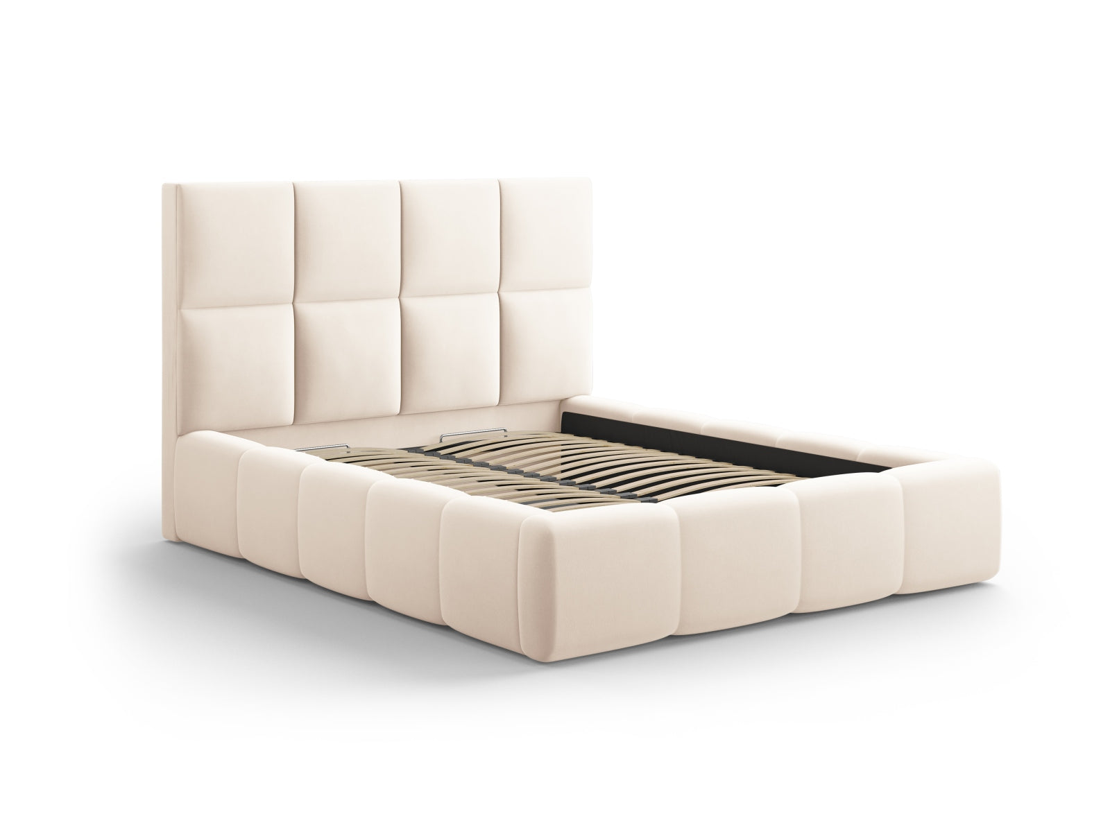 Elegantes Livigno Bett mit praktischem Stauraum und stilvollem Kopfteil in Light Beige-Bluvel, ideal für moderne Schlafzimmer.