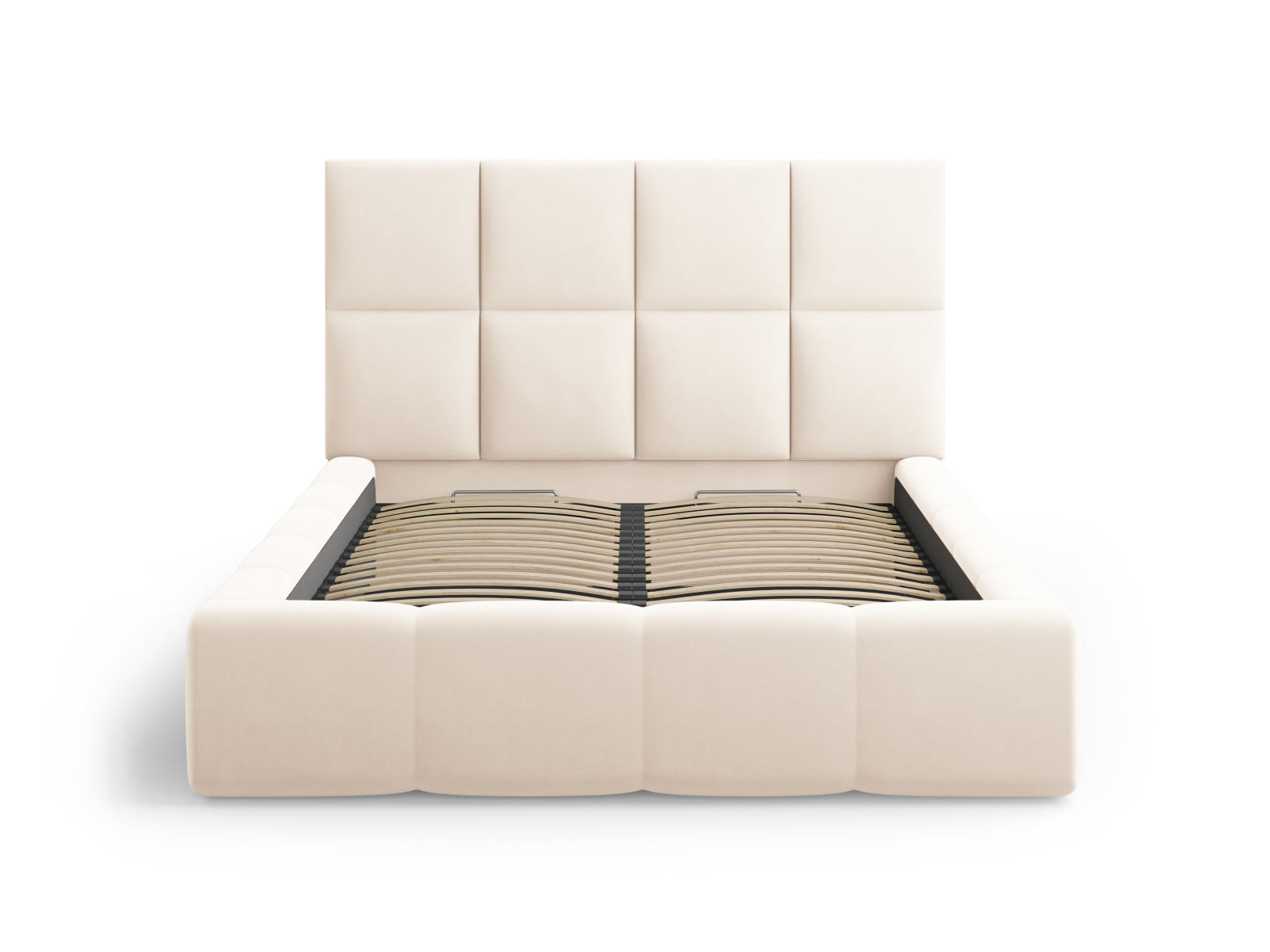 Modernes Livigno Bett mit integriertem Stauraum und geschmackvollem Kopfteil in sanftem Light Beige-Bluvel, perfekt für stilvolle Schlafräume.