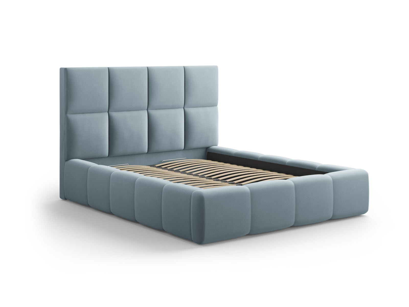 Stylisches Livigno Bett mit praktischem Stauraum und elegantem Kopfteil in sanftem Light Blue, ideal für moderne Schlafzimmer.