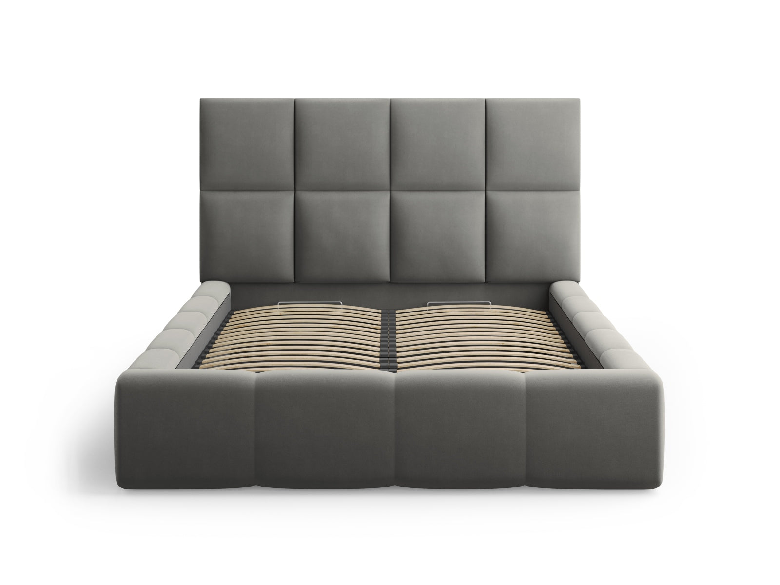 Modernes Livigno Bett mit 160 cm Breite, ausgestattet mit Stauraum und einem ansprechenden Kopfteil in Light Grey-Bluvel.