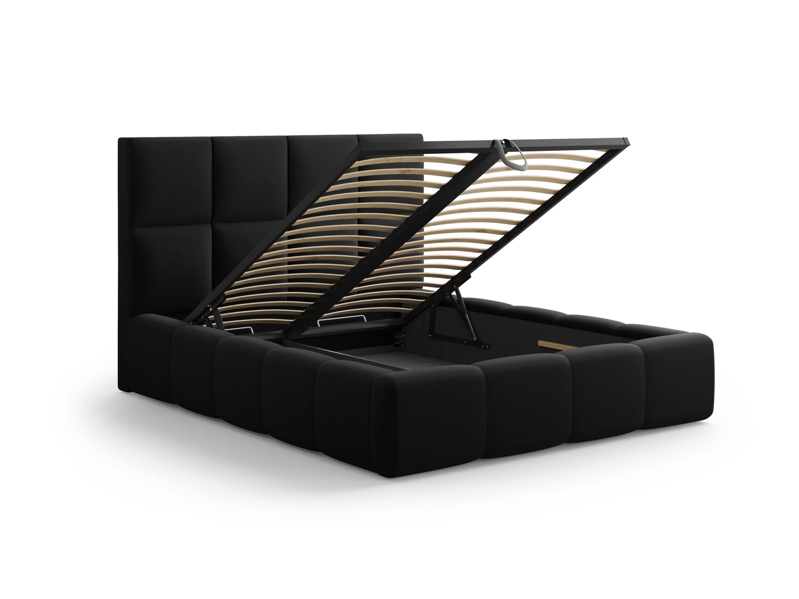 Elegantes Livigno Bett mit 160 cm Breite, ausgestattet mit praktischem Stauraum und einem stilvollen Kopfteil in Black-Bluvel, ideal für moderne Schlafzimmer.