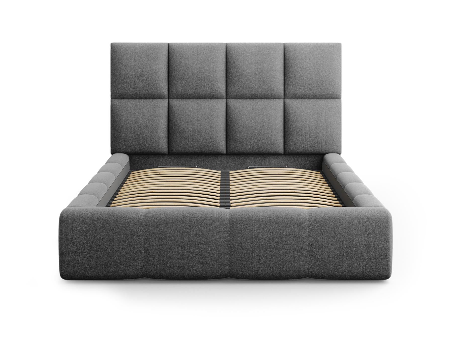 Modernes Livigno Bett mit 160 cm Breite, ausgestattet mit Stauraum und einem ansprechenden Kopfteil in edlem Dunkelgrau.