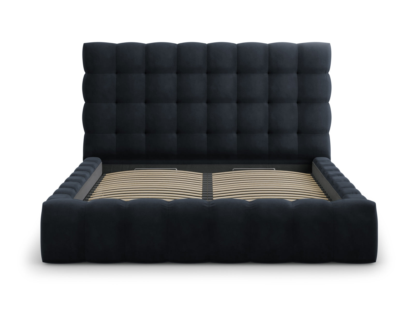 Elegantes Bali Bett in Dunkelblau mit 180 cm Kopfteil und praktischem Stauraum, ideal für stilvolle Schlafzimmerlösungen.