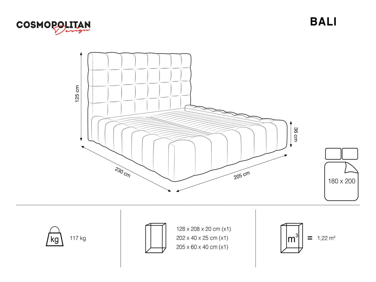 Bali Bett mit gepolstertem Kopfteil und schwarzen Beinen, bezogen mit Bluvel-Stoff