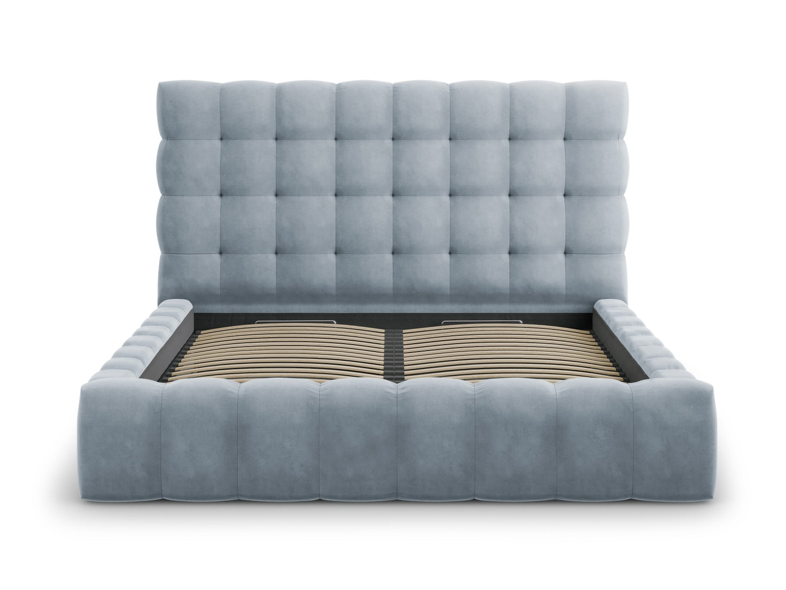 Elegantes Bali Bett mit praktischem Stauraum und stilvollem Kopfteil in sanftem Light Blue-Bluvel, ideal für moderne Schlafzimmer.