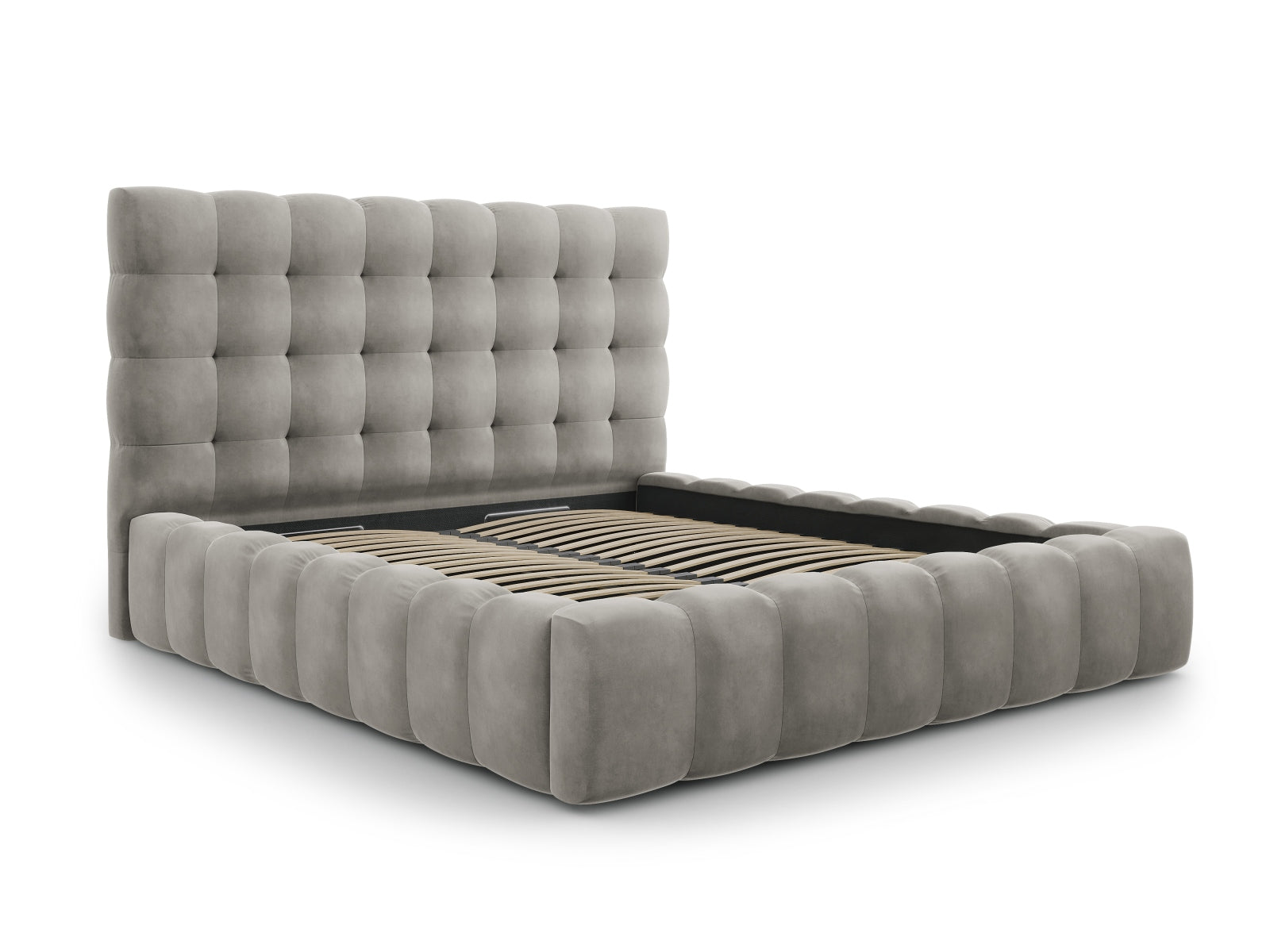 Elegantes Bali Bett mit praktischem Stauraum und stilvollem Kopfteil in Light Grey-Bluvel, ideal für moderne Schlafzimmer.