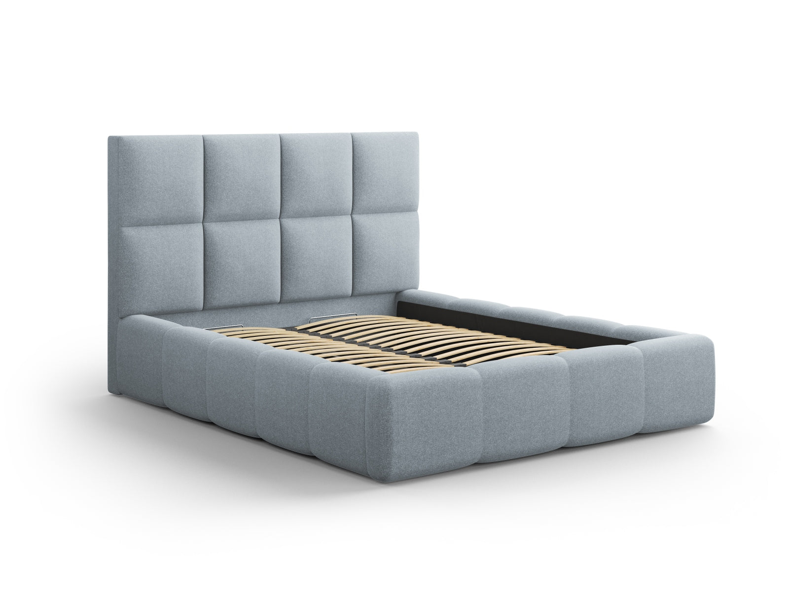 Elegantes Livigno Bett mit praktischem Stauraum und stilvollem Kopfteil in sanftem Hellblau, ideal für moderne Schlafzimmer.
