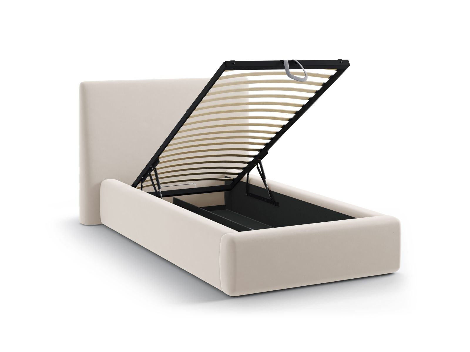 Modernes Asti Bett mit 90 cm Breite, ausgestattet mit einem eleganten Kopfteil und praktischem Stauraum, perfekt für kompakte Schlafzimmer.