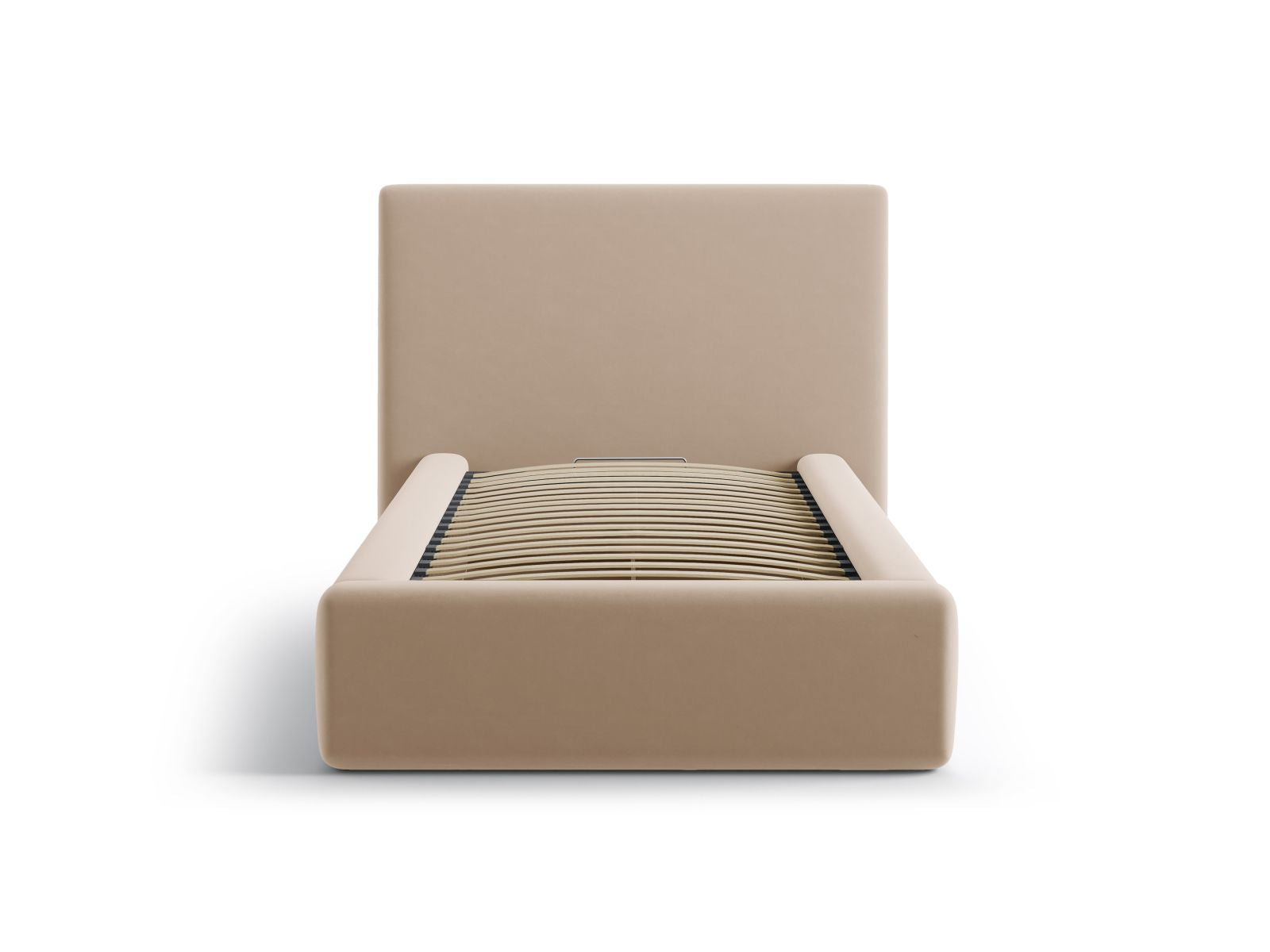 Elegantes Asti Bett mit 90 cm Breite, Stauraum und Kopfteil in Almond Beige-Magic Velvet, ideal für stilvolle Schlafzimmer.