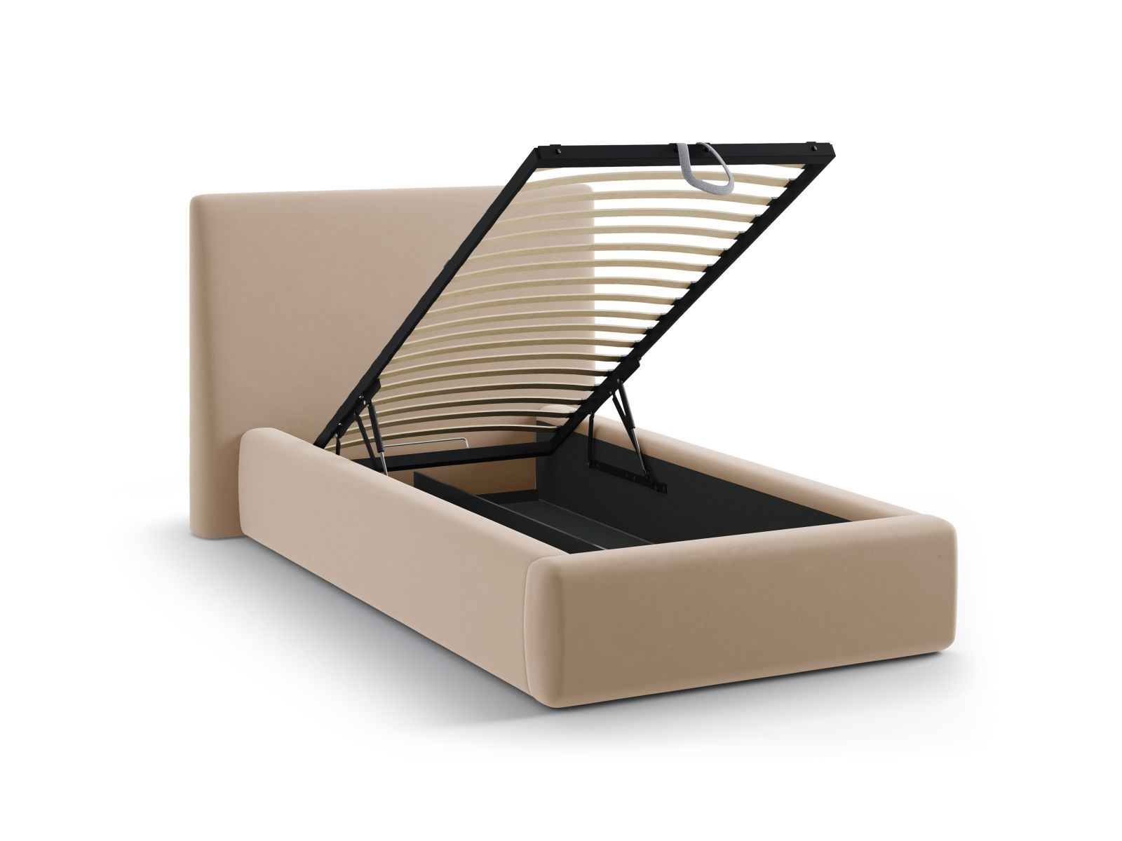 Stylisches Asti Bett mit 90 cm Breite, ausgestattet mit praktischem Stauraum und einem modernen Kopfteil in sanftem Almond Beige.