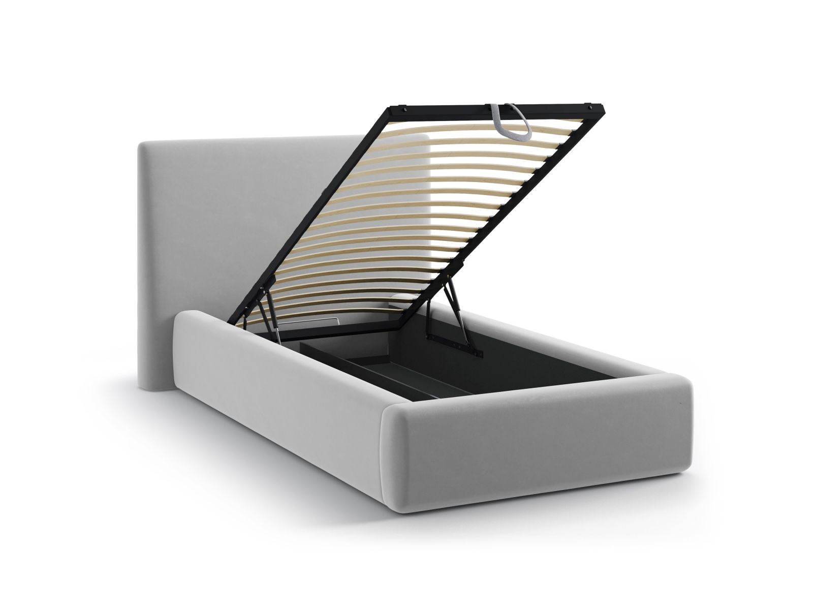 Modernes Asti Bett in sanftem Grau mit 90 cm hohem Kopfteil und integriertem Stauraum, perfekt für platzsparende Schlafzimmer.