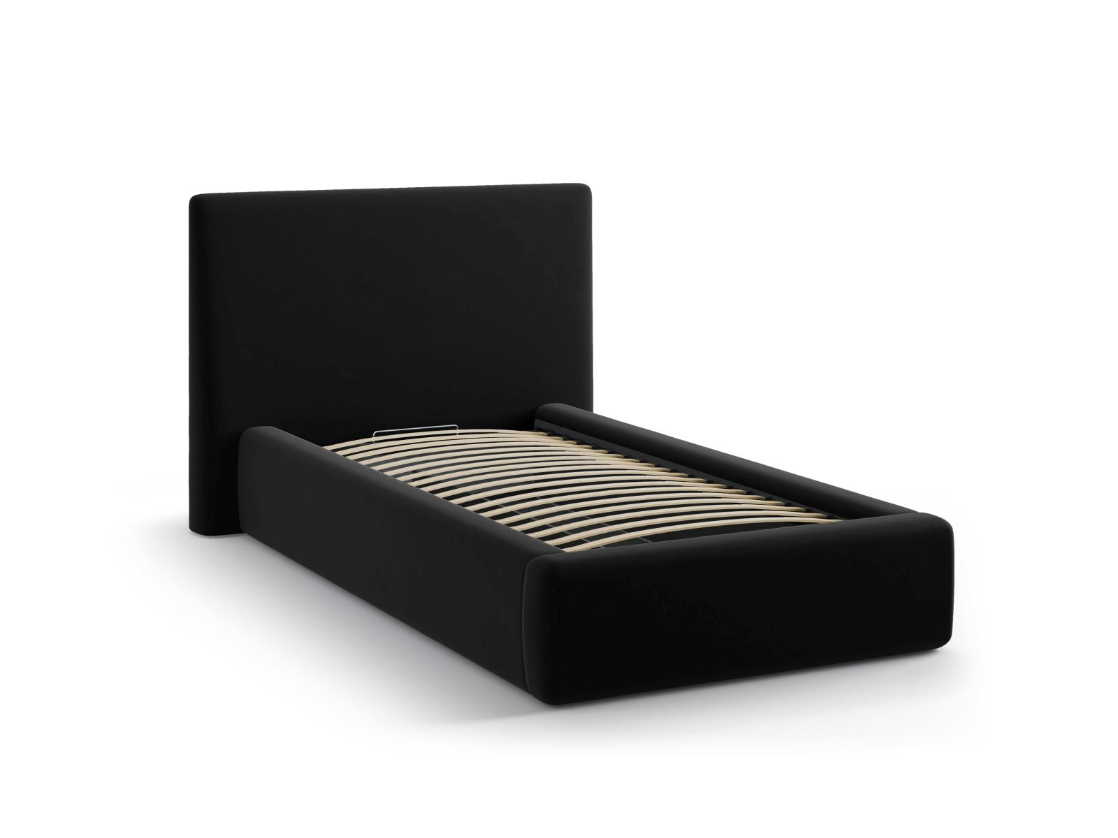 Elegantes Asti Bett mit 90 cm Kopfteil und praktischem Stauraum, gepolstert in edlem Black-Magic Velvet für zeitgemäßen Komfort.