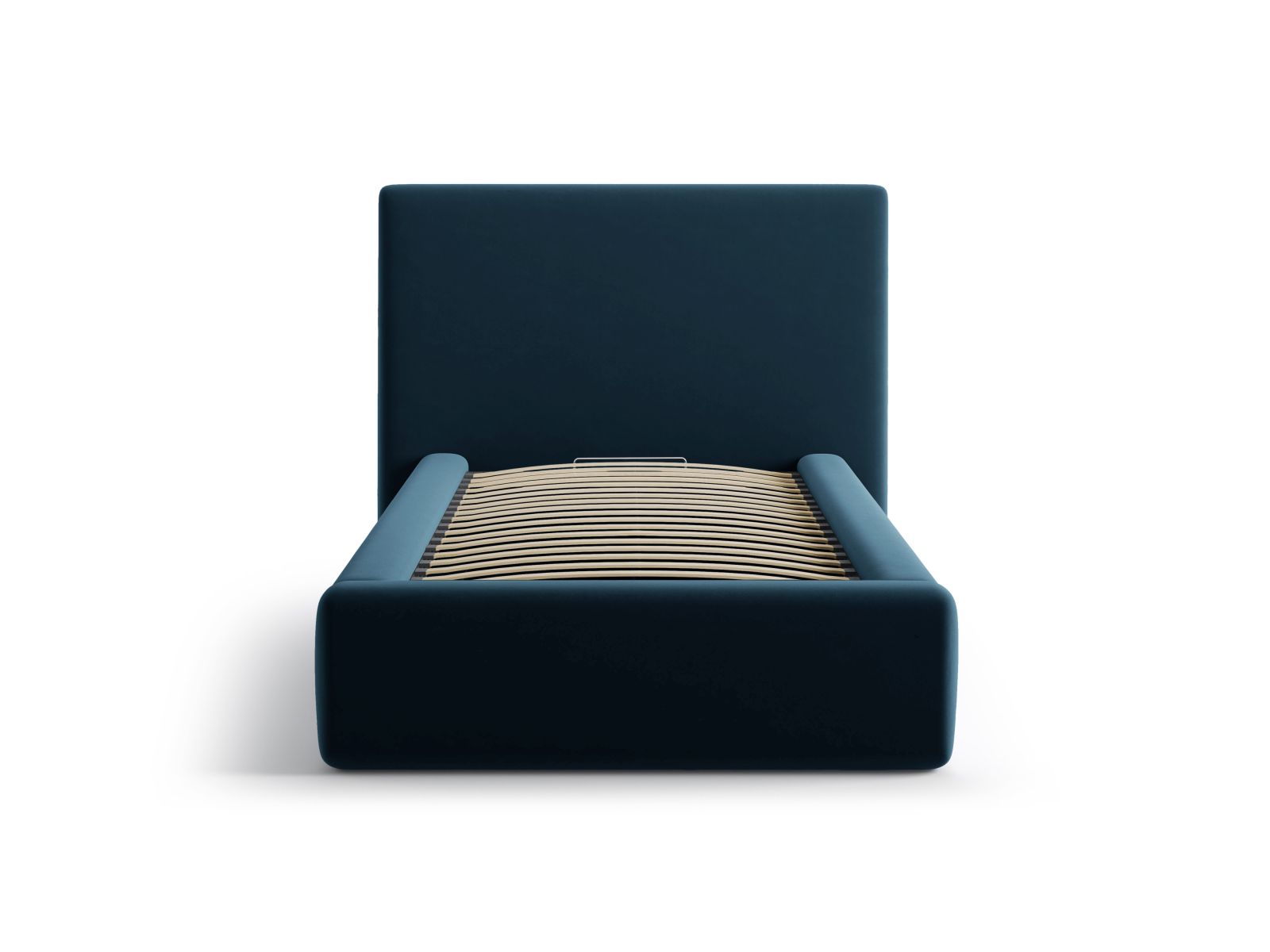 Elegantes Asti Bett mit 90 cm Breite, Stauraum und stilvollem Kopfteil in Navy Blue-Magic Velvet, ideal für moderne Schlafzimmer.