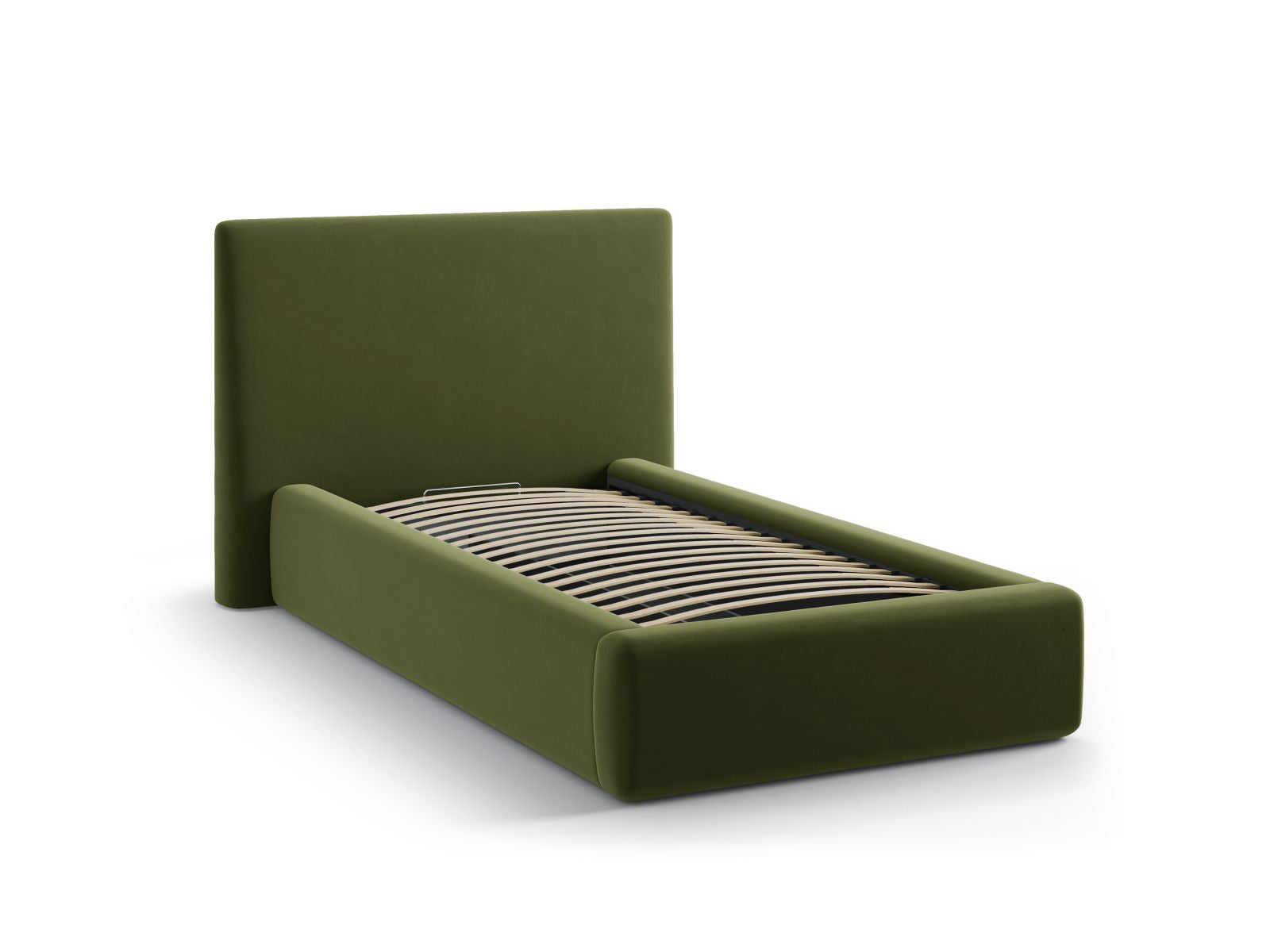 Modernes Asti Bett in Army Green-Magic Velvet, bietet cleveren Stauraum und ein elegantes Kopfteil, ideal für stilvolle Schlafzimmer.