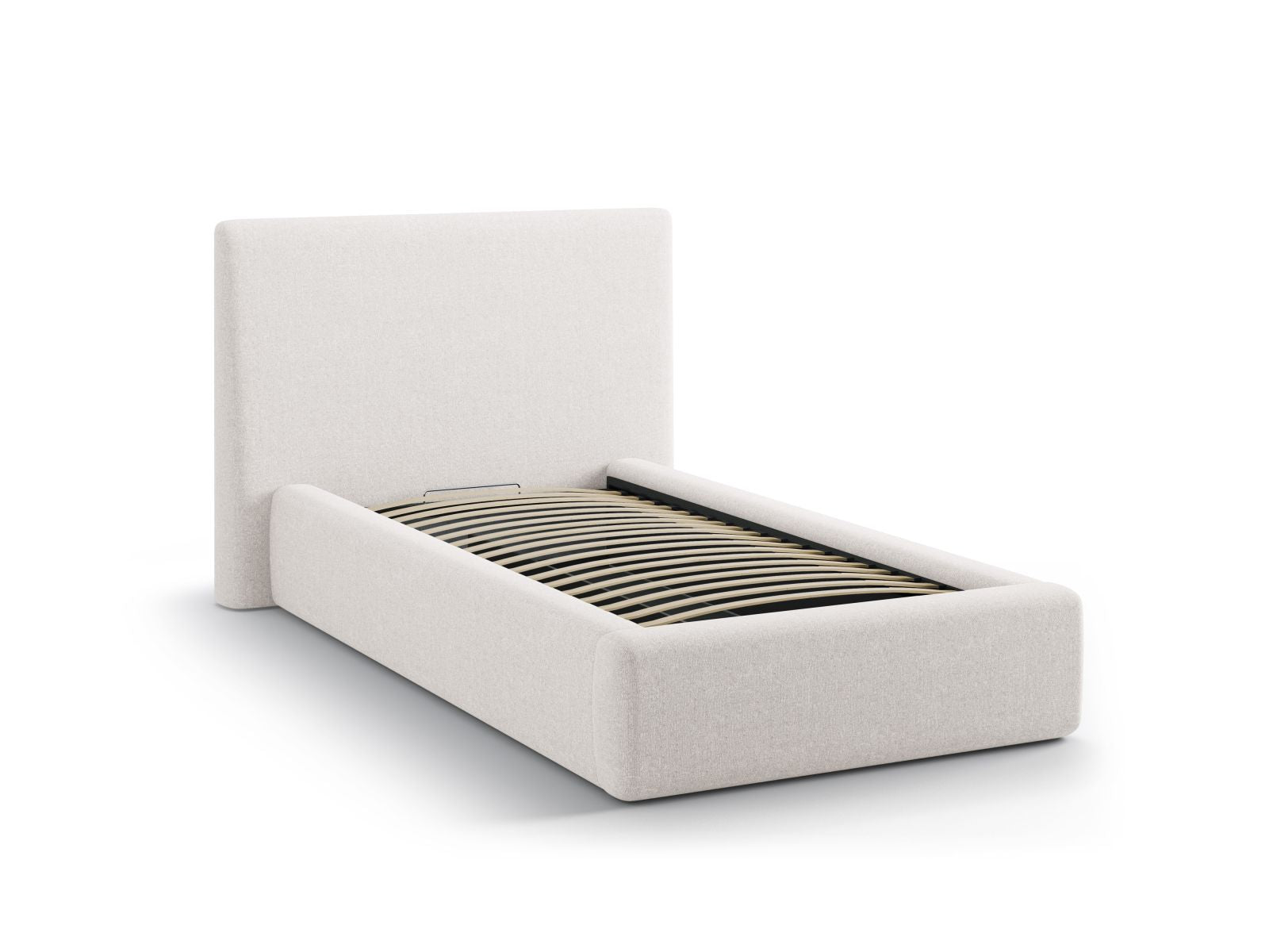 Modernes Asti Bett in 90 cm Breite, ideal für kleine Räume, bietet cleveren Stauraum und ein elegantes Kopfteil in zartem Beige.