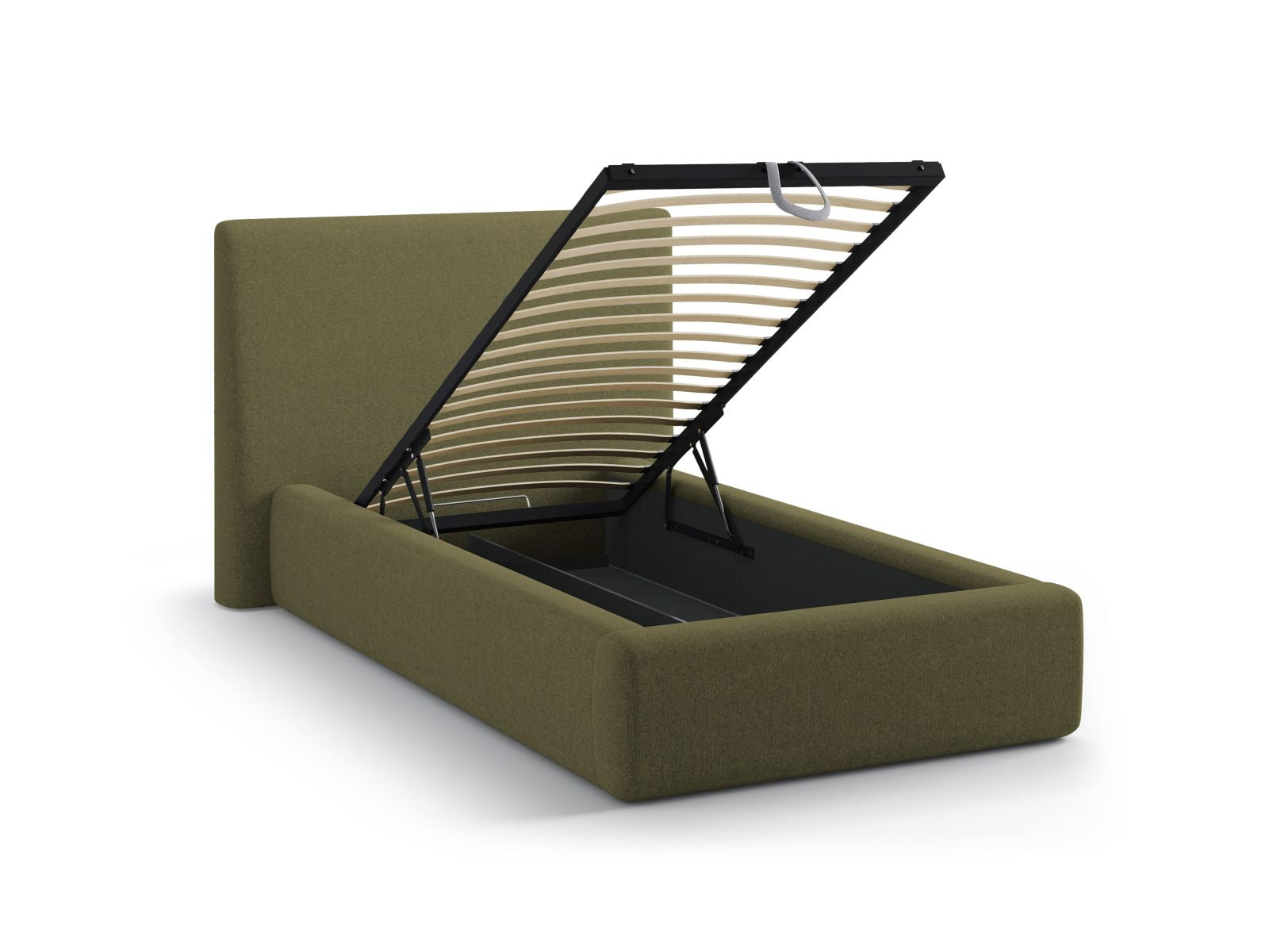 Modernes Asti Bett mit 90 cm Breite, bietet praktischen Stauraum und ein stilvolles Kopfteil, perfekt für kleine Räume.