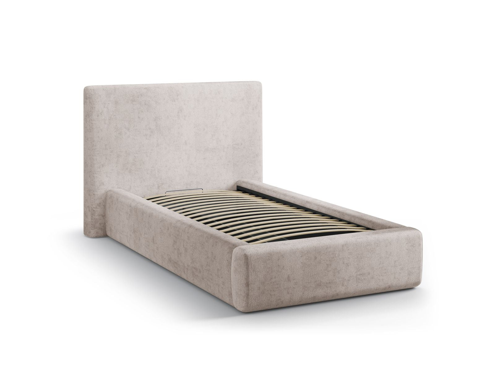 Elegantes Asti Bett in 90 cm Breite, ausgestattet mit praktischem Stauraum und einem stilvollen Kopfteil in sanftem Beige, ideal für jedes Schlafzimmer.