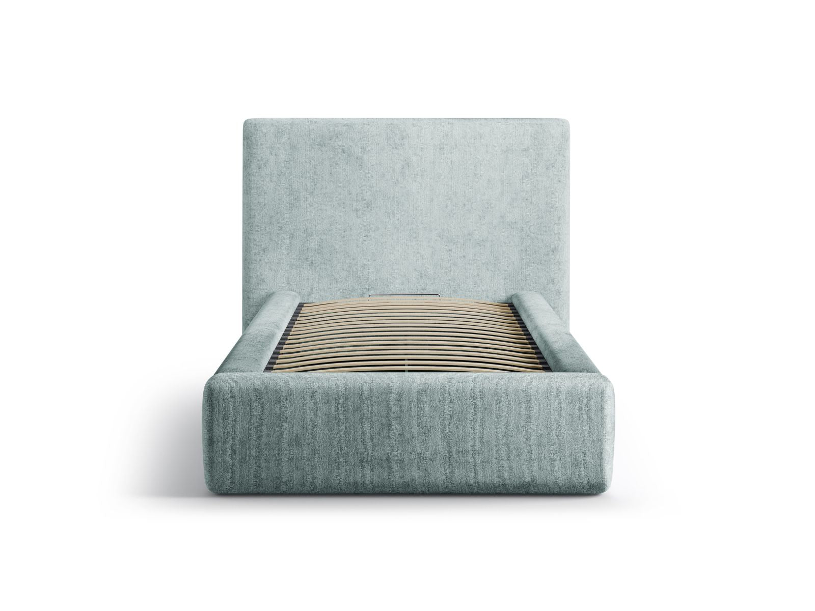 Elegantes Asti Bett mit praktischem Stauraum und stilvollem Kopfteil in sanftem Hellblau, ideal für moderne Schlafzimmer.
