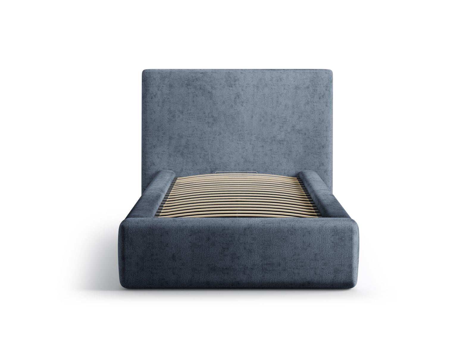 Elegantes Asti Bett mit 90 cm Kopfteil und praktischem Stauraum in Dunkelblau, ideal für stilvolle Schlafzimmerlösungen.