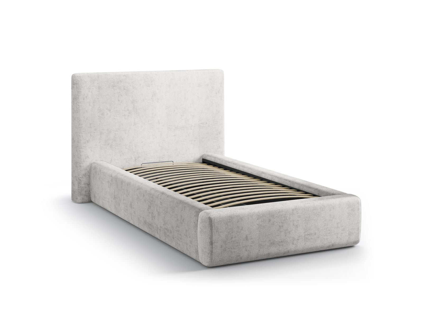 Elegantes Asti Bett in 90 cm Breite, ideal für kleine Räume, bietet cleveren Stauraum und ein stilvolles, graues Kopfteil.