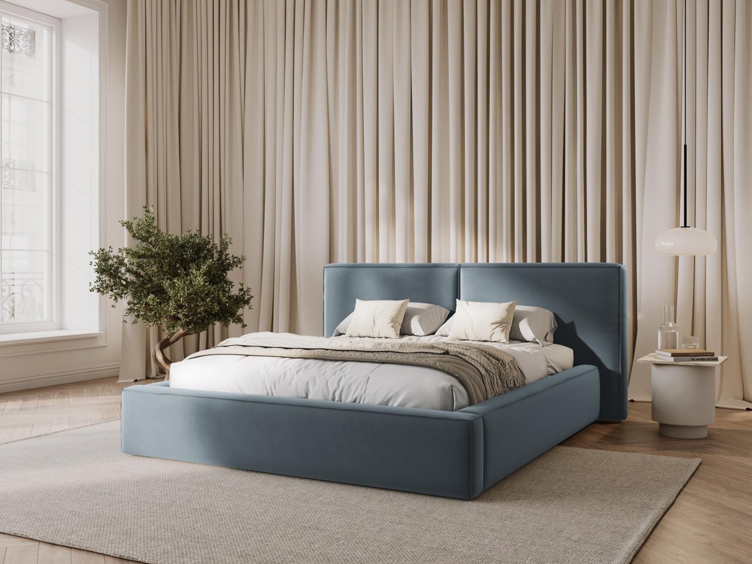 Elegantes Arendal Velour Bett in sanftem Hellblau mit praktischem Stauraum und doppeltem Kopfteil, ideal für stilvolle Schlafzimmer.