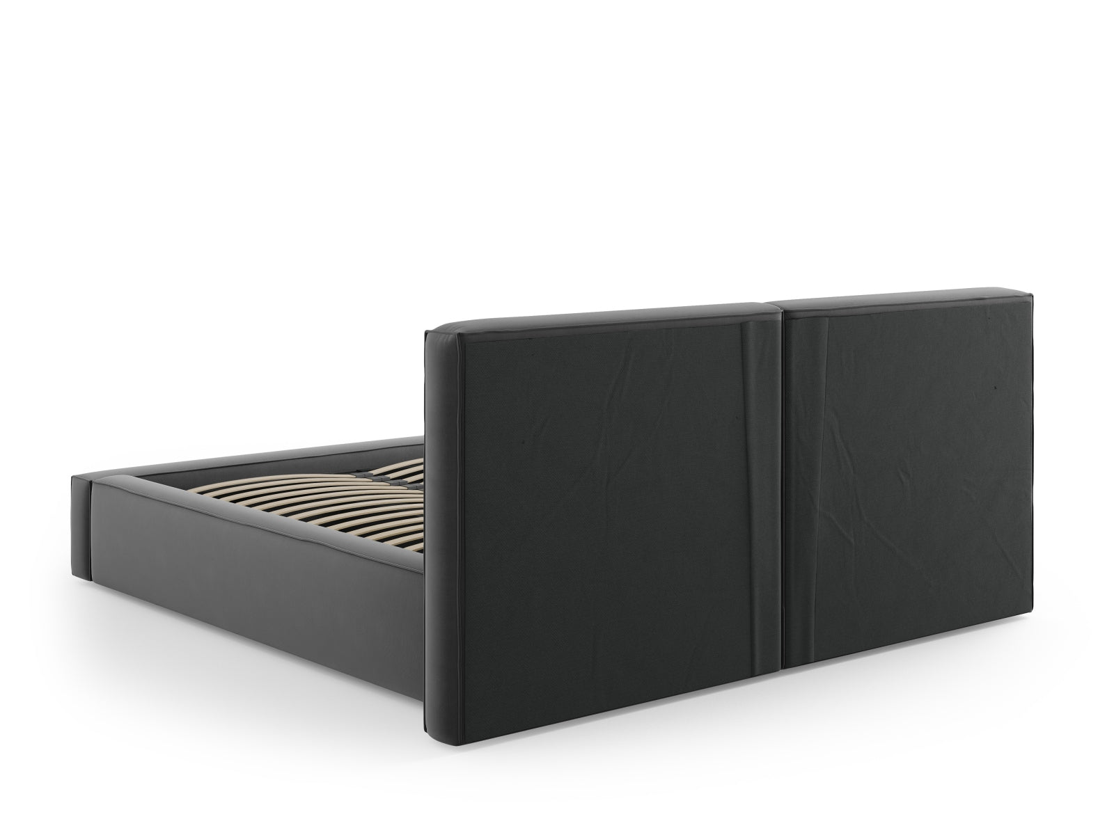 Elegantes Arendal Velourbett in Grau mit praktischem Stauraum und doppeltem Kopfteil, ideal für ein zeitgemäßes Schlafzimmer.