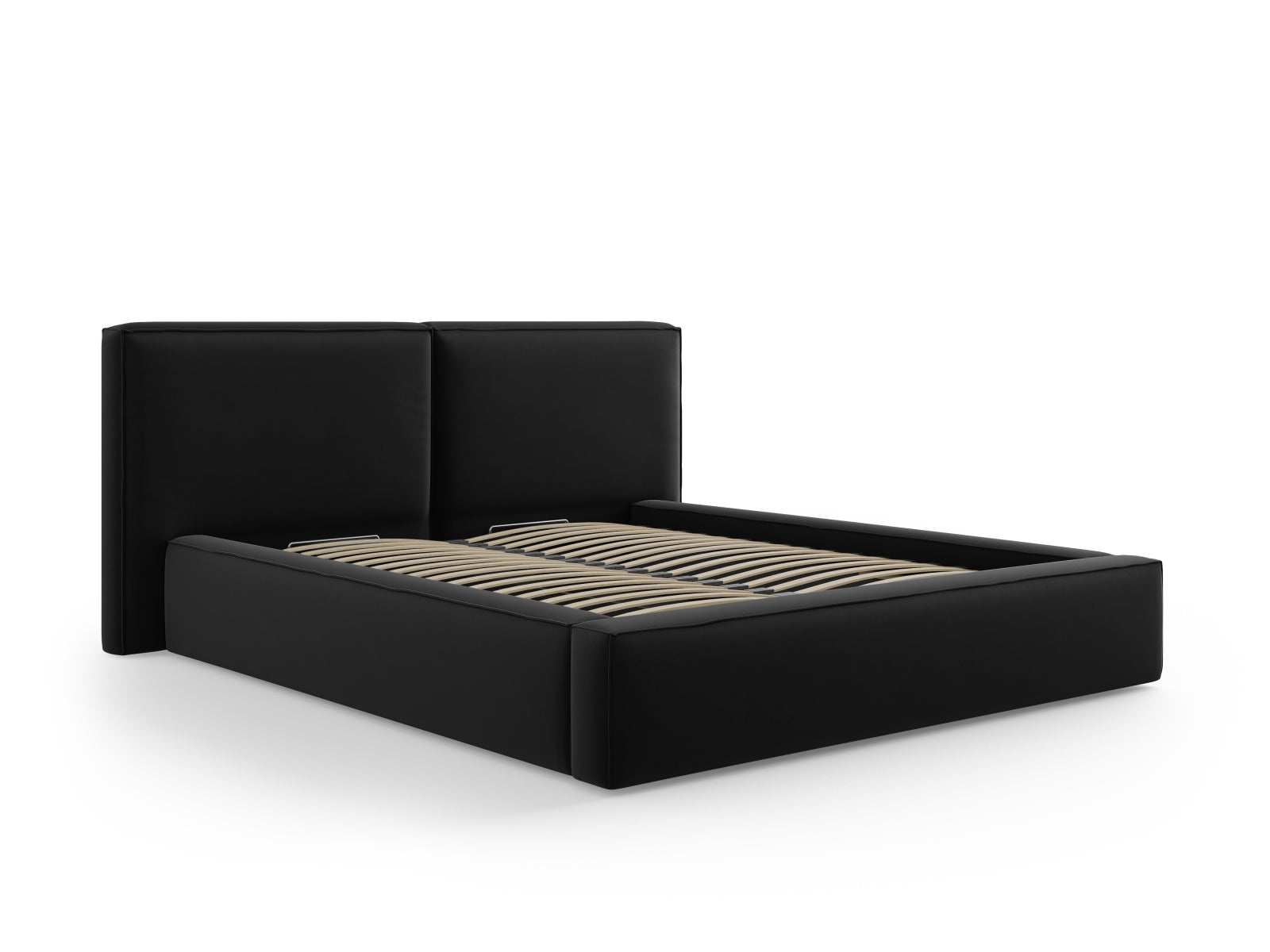 Arendal Velour Bett mit Strauaum und doppeltem Headboard  194cm in Black präsentiert im Onlineshop von KAQTU Design AG. Bett ist von Cosmopolitan Design