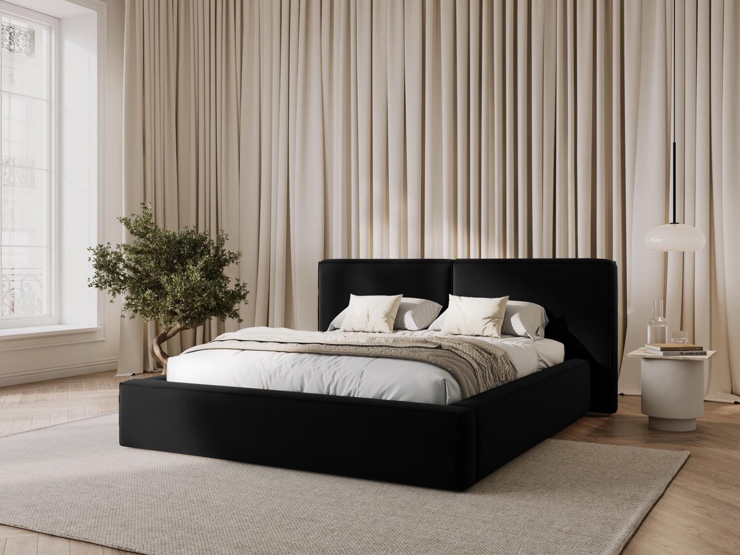 Arendal Velour Bett mit Strauaum und doppeltem Headboard  194cm in Black präsentiert im Onlineshop von KAQTU Design AG. Bett ist von Cosmopolitan Design